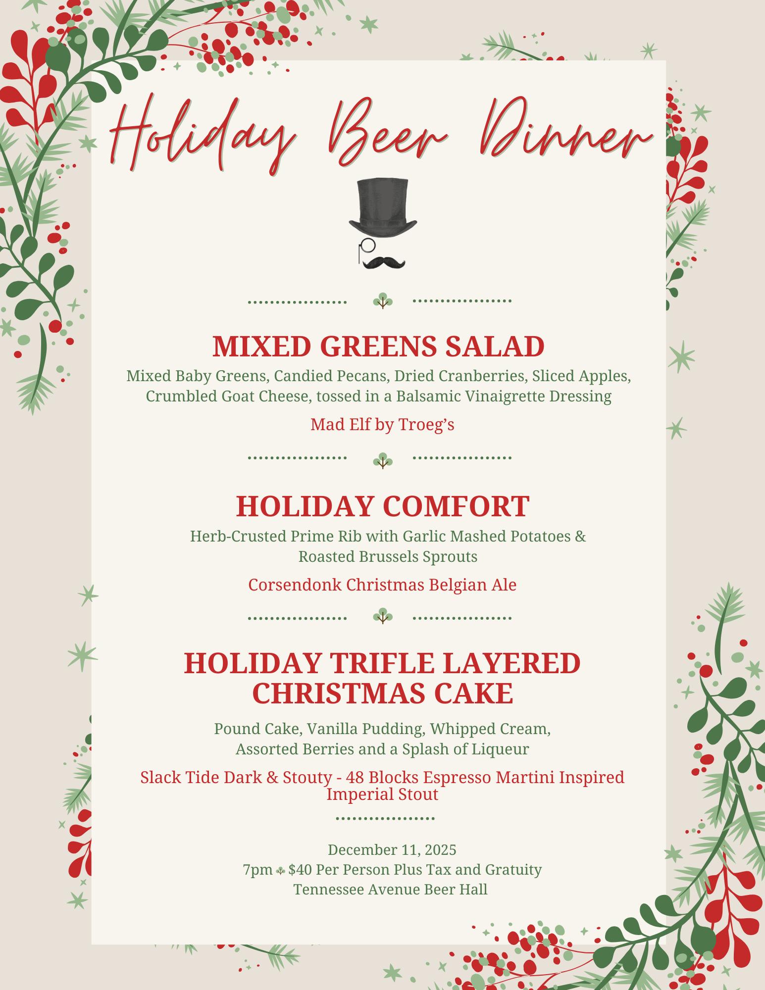 Three-Course Holiday Beer Dinner, Thursday, December 11th, 7p, $40 pp + tax (Gratuity not included in purchase price of ticket)