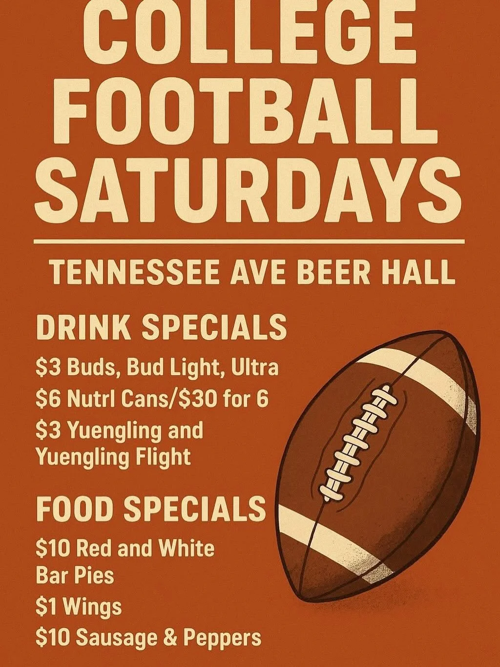 Happy Saturday Tennessee Avenue Beer Hall peeps! It's gonna be a great day on The Orange 🍊 Loop! 
👍 College Football Food and Drink Specials 
👍 $5 Mimosas and Bloodys for Brunch
👍 $1 Wings all day and night! 
👍 Late night 9p-11p Happy Hour 
👍 L
