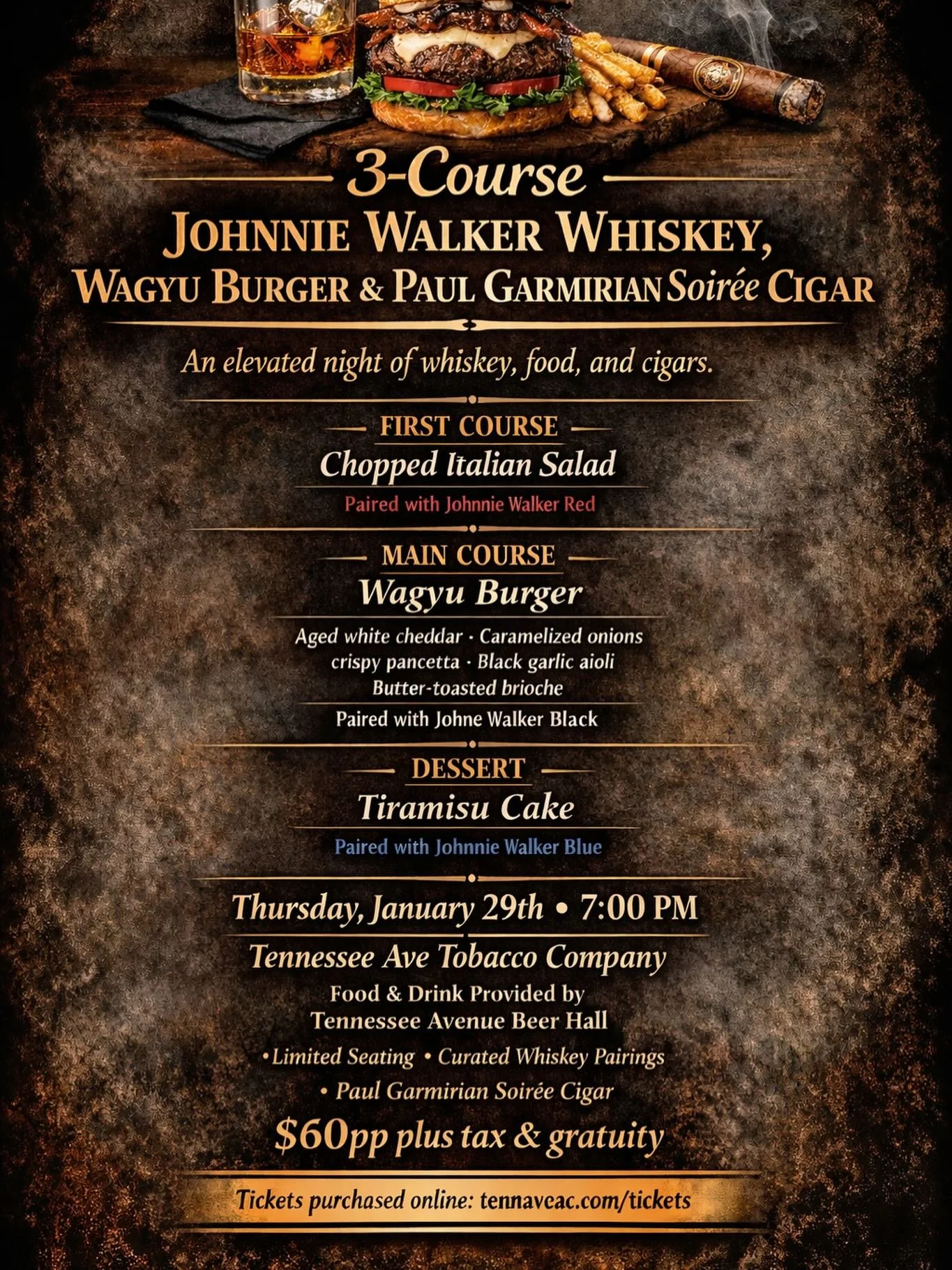 This will be amazing event! Check this menu out, The Food, The Whiskey, The cigar! All for $60 BUCKS! I'm jumping off "Dry January" and diving head first into this! tickets at: tennaveac.com