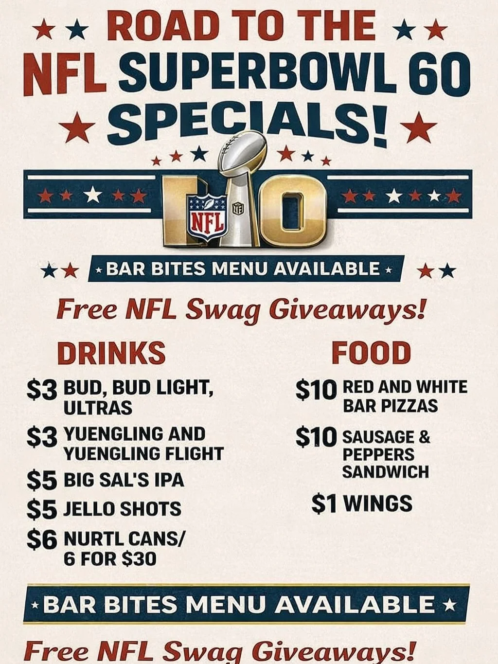 The Road to the NFL Super Bowl Begins today! Join us at the  #1 Gastropub in AC &amp; South Jersey! Tennessee Avenue Beer Hall
🏈 $3 Bud, Bud Light, Mich Ultra, Yuengling 
🏈 $5 Jell-o shots 
🏈 $10 Sausage &amp; Peppers Sandwich
🏈 $5 Bloody Mary's 