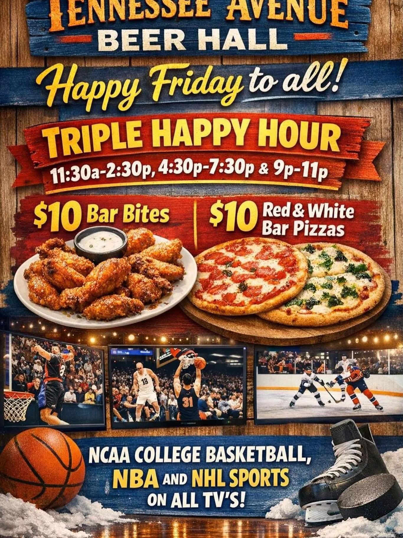 Happy Friday To all our Tennessee Avenue Beer Hall Peeps! It's gonna be a great start to the weekend! We've got you covered! 
‼️Triple Happy Hour, 11:30a-2:30p, 4:30p-7:30p &amp; 9p-11p
‼️$10 Bar Bite Menu
‼️$10 Red &amp; White Bar Pizzas
‼️Amazing B