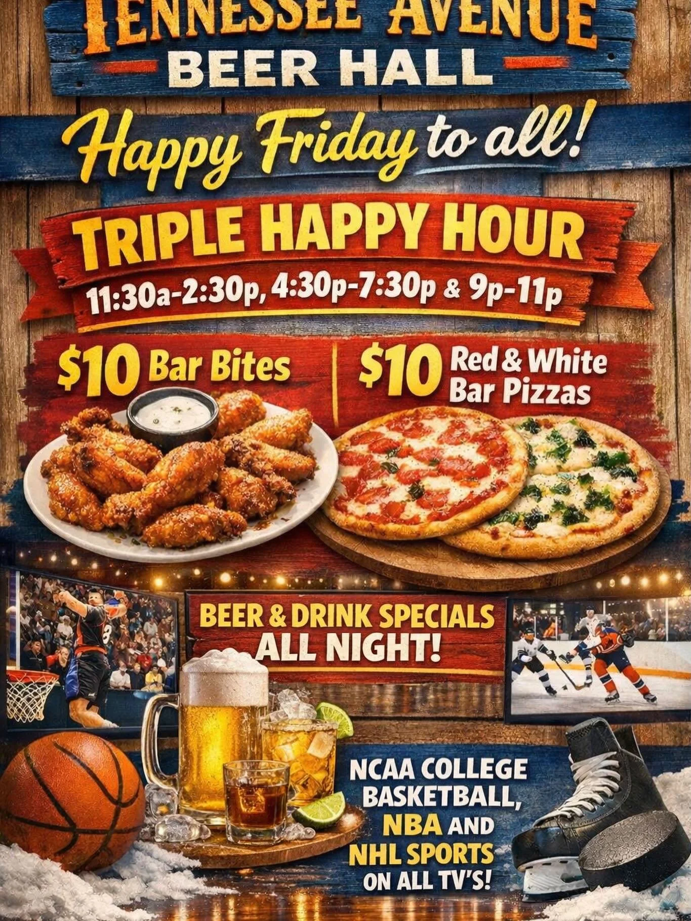 Happy Friday to all our ridiculously awesome Tennessee Avenue Beer Hall buddies! Let's get this weekend party started! We've got Triple Happy Hour rocking, 11:30a-2:30p, 4:30p-7:30p and 9p-11p! Nobody out-crazies our deals and value! $10 Bar Bites th