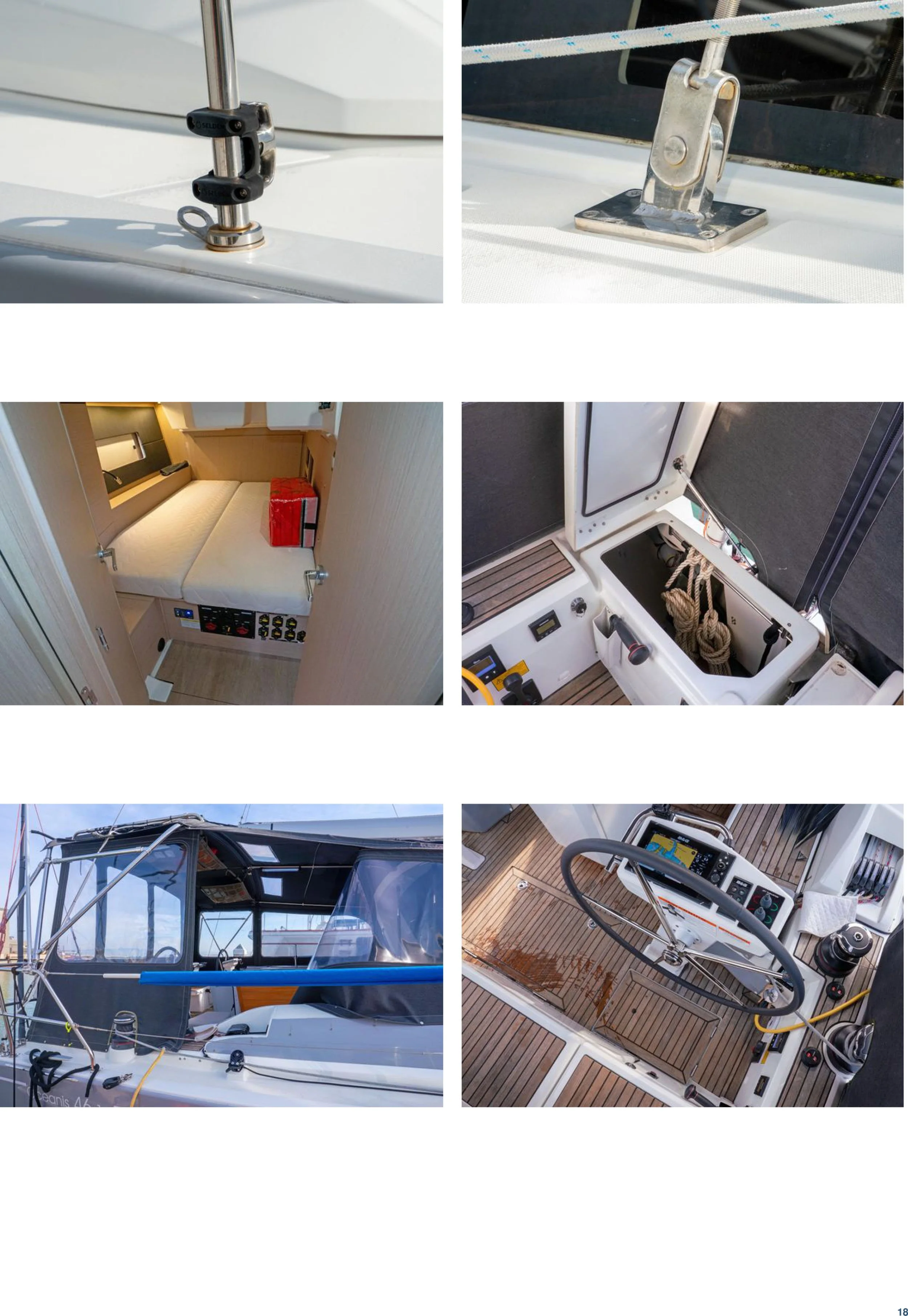 Collage of six photos of a sailboat's interior and exterior. Top row shows boat's hardware for sail rigging. Middle row displays sleeping cabin and engine compartment. Bottom row features the boat's exterior and helm station with steering wheel and n