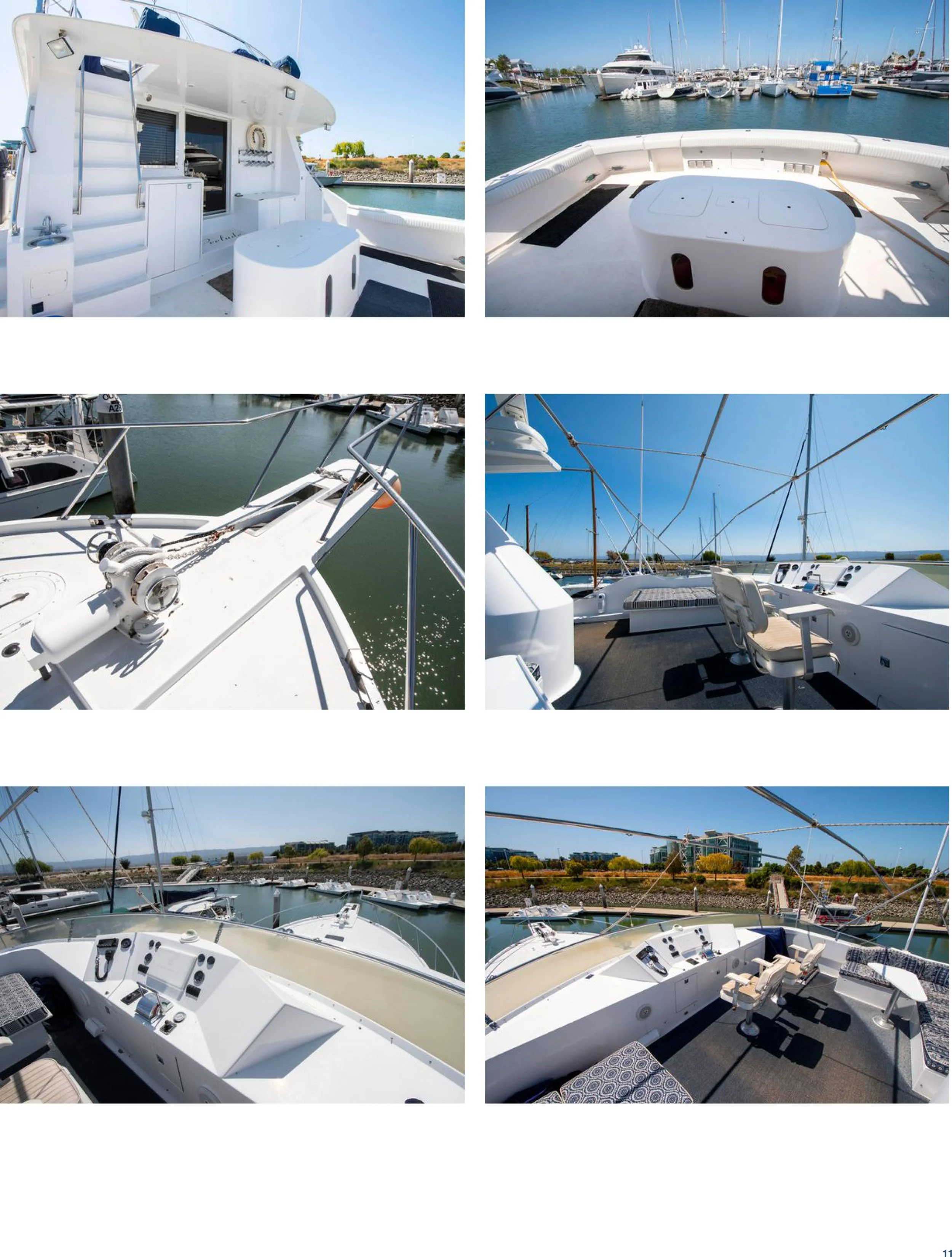 Collage of six photos showing the deck of a white yacht docked at a marina with other boats and yachts in the background, clear blue skies, and calm water.