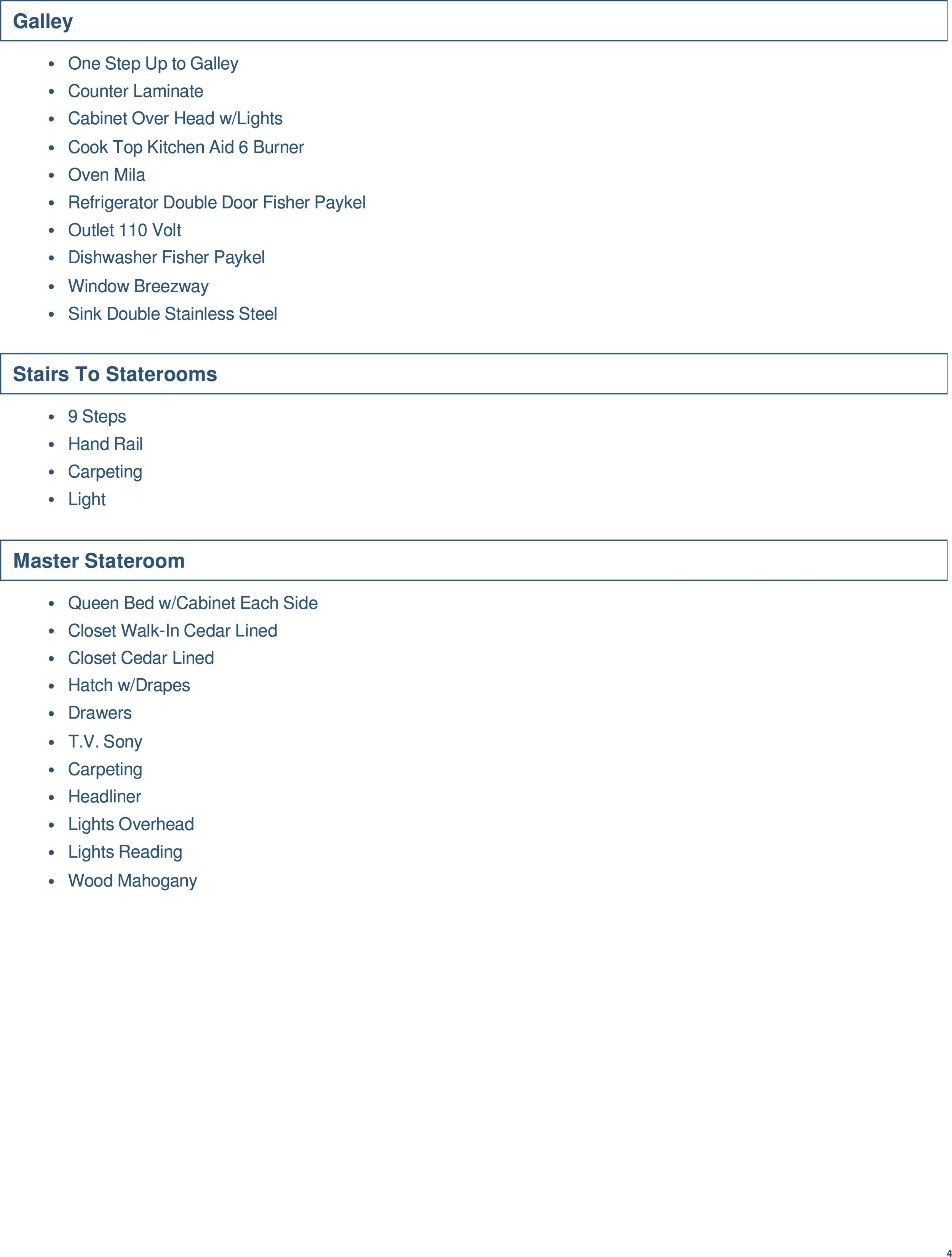 List of house features including kitchen appliances, stairs, and master bedroom details.