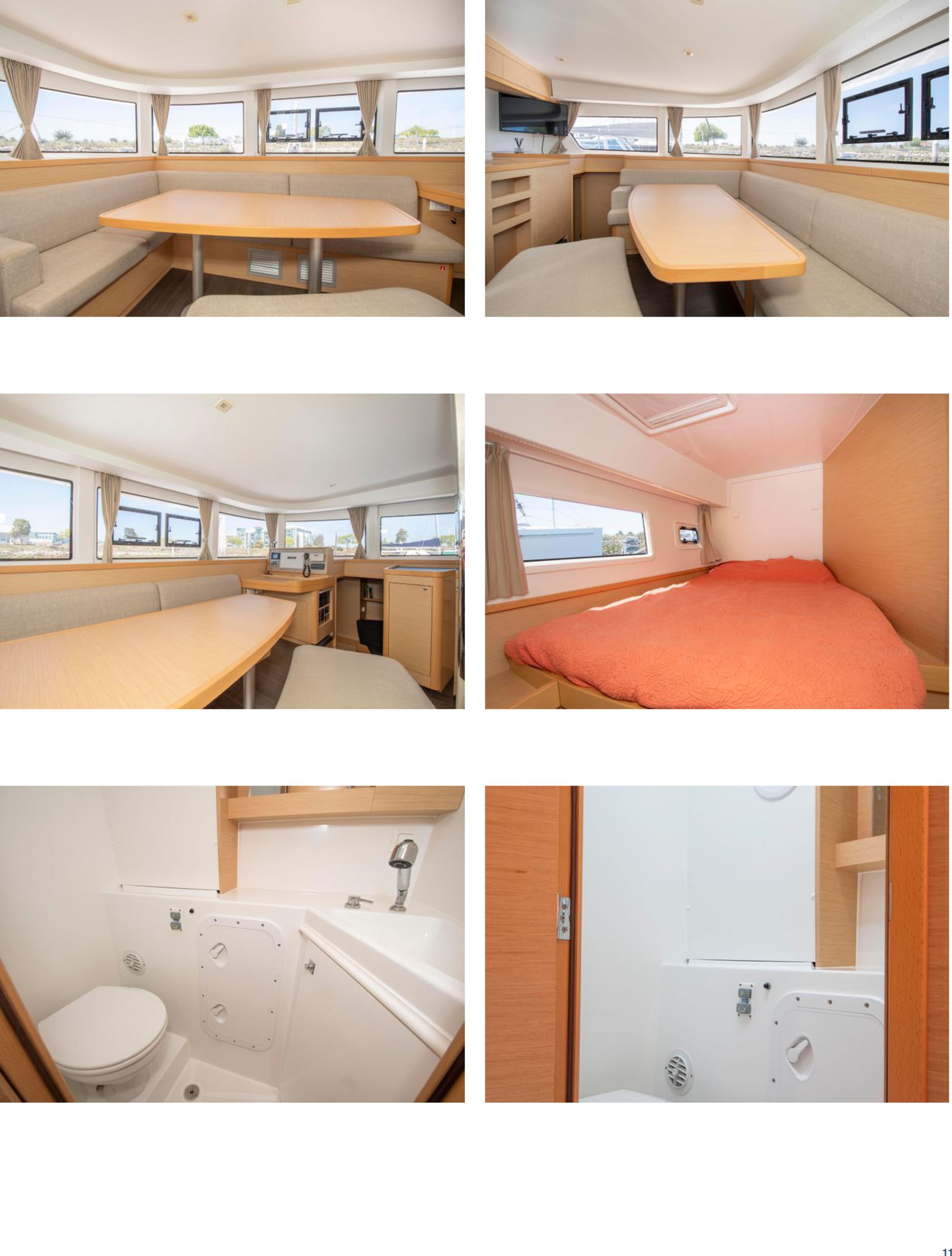 Interior of a boat or yacht with seating, dining, sleeping area, and bathroom facilities