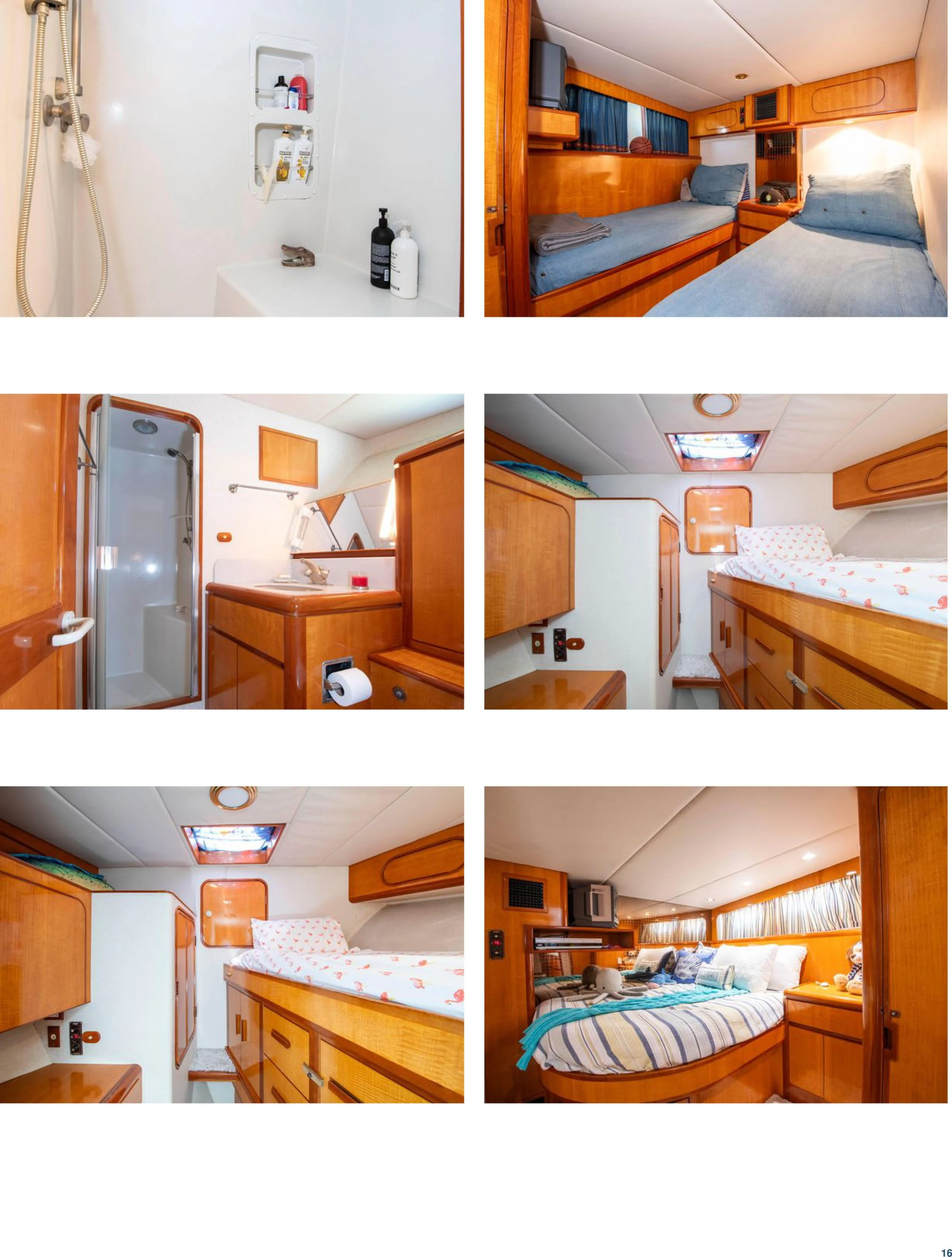 Interior of a boat or yacht with multiple bedrooms, a bathroom, and living area, featuring wood paneling and compact design.