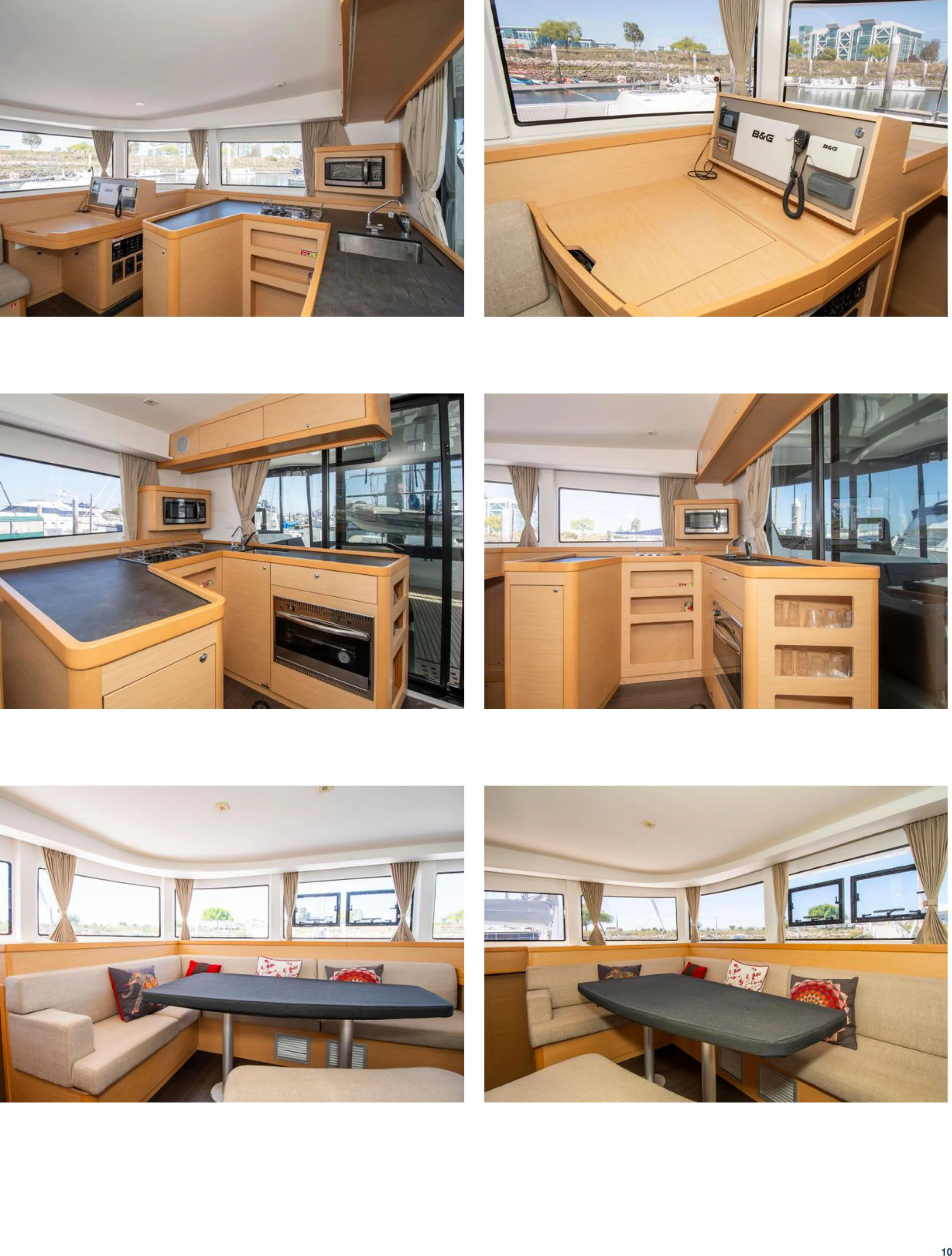 Interior views of a yacht featuring a kitchen with wooden cabinetry, a dining area with a cushioned bench, and large windows with curtains and views of the marina.