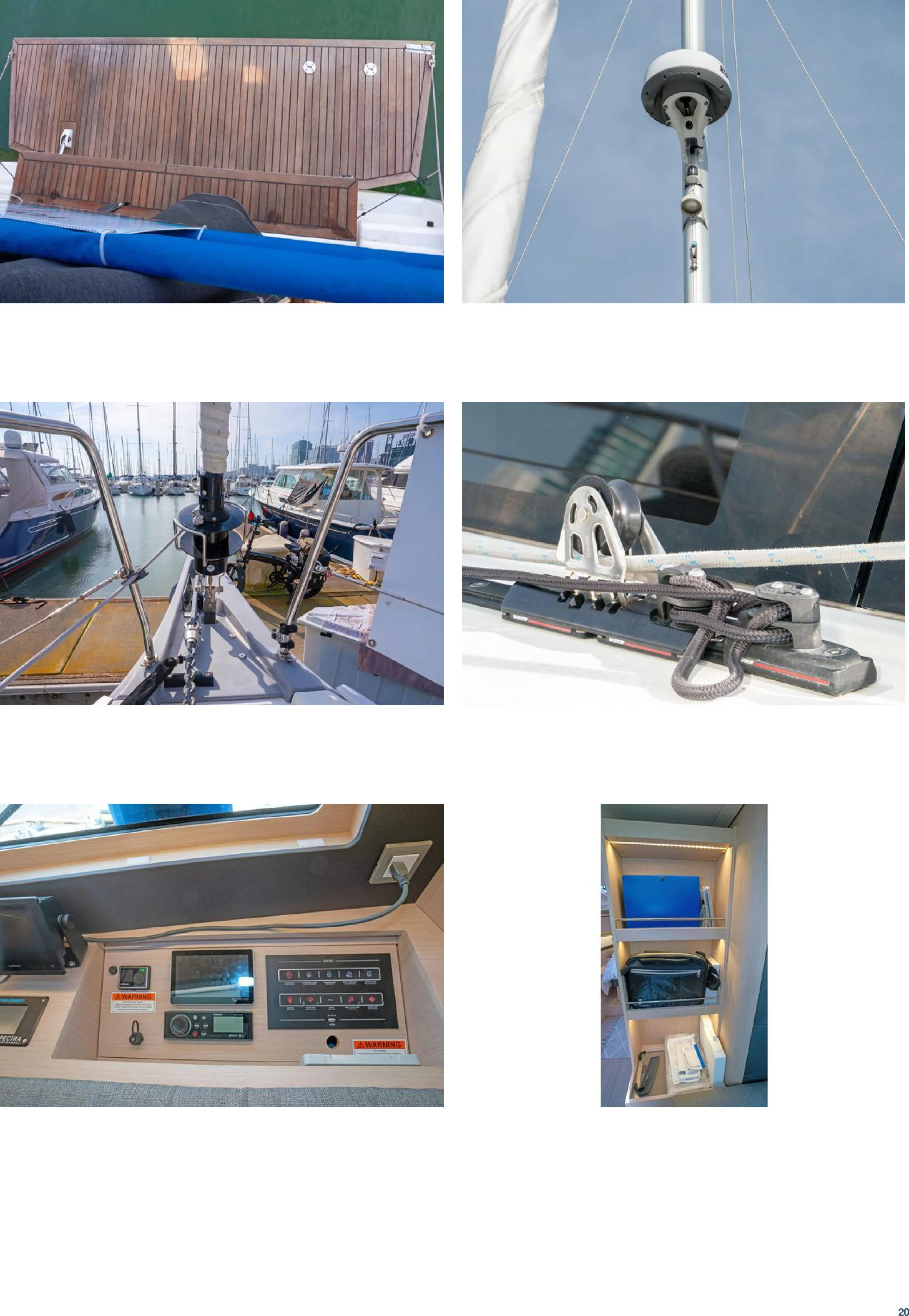 Collage of boating equipment and interior: a boat's wooden stern with lift points, a radar on a mast, a deck with sails and rigging, a mainsail with a pulley, navigation and control panel, and a built-in storage shelf.