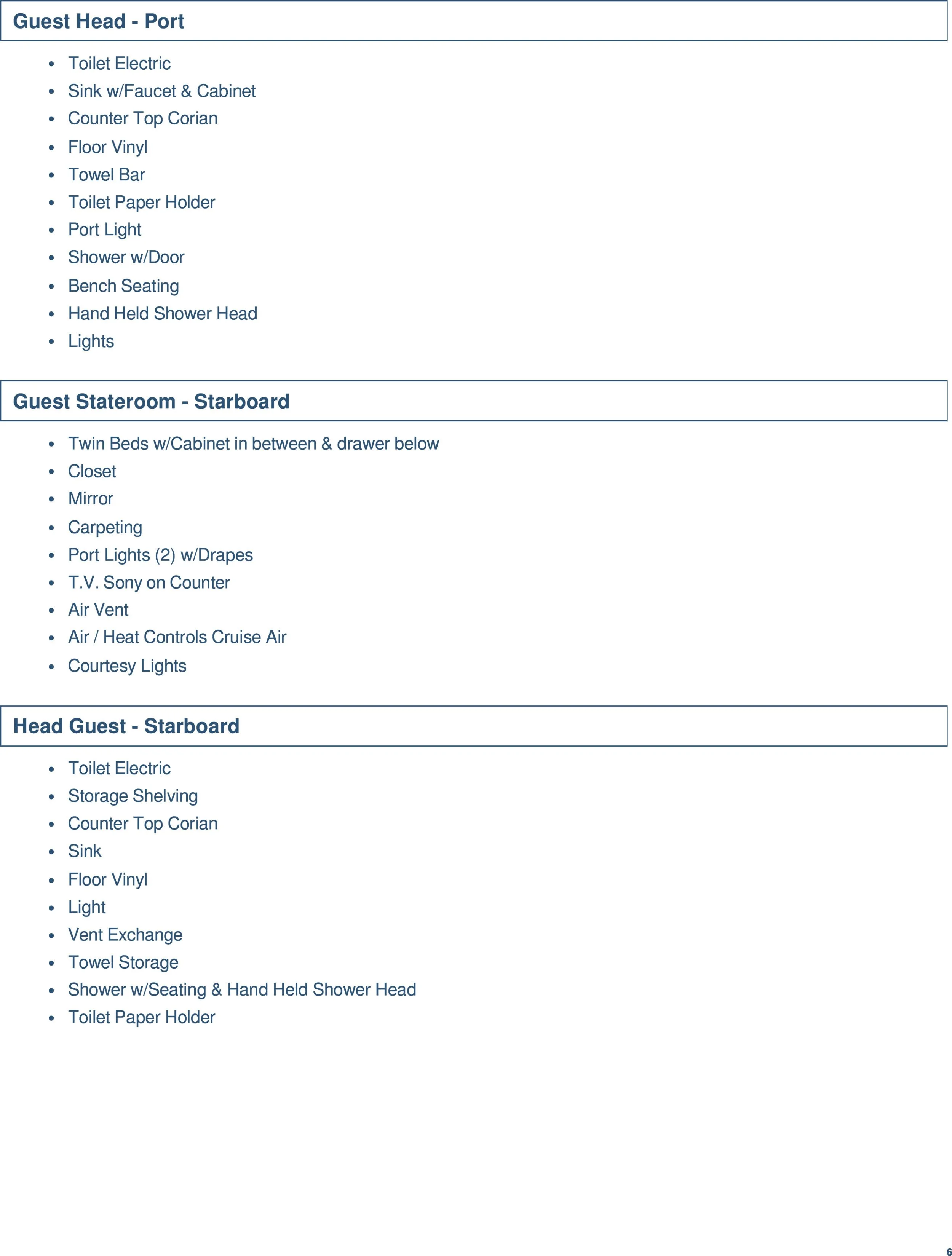 A list of amenities for a guest accommodation, including items for the guest head, stateroom starboard, and head guest starboard, such as toilets, sinks, cabinets, lighting, bedding, and climate controls.