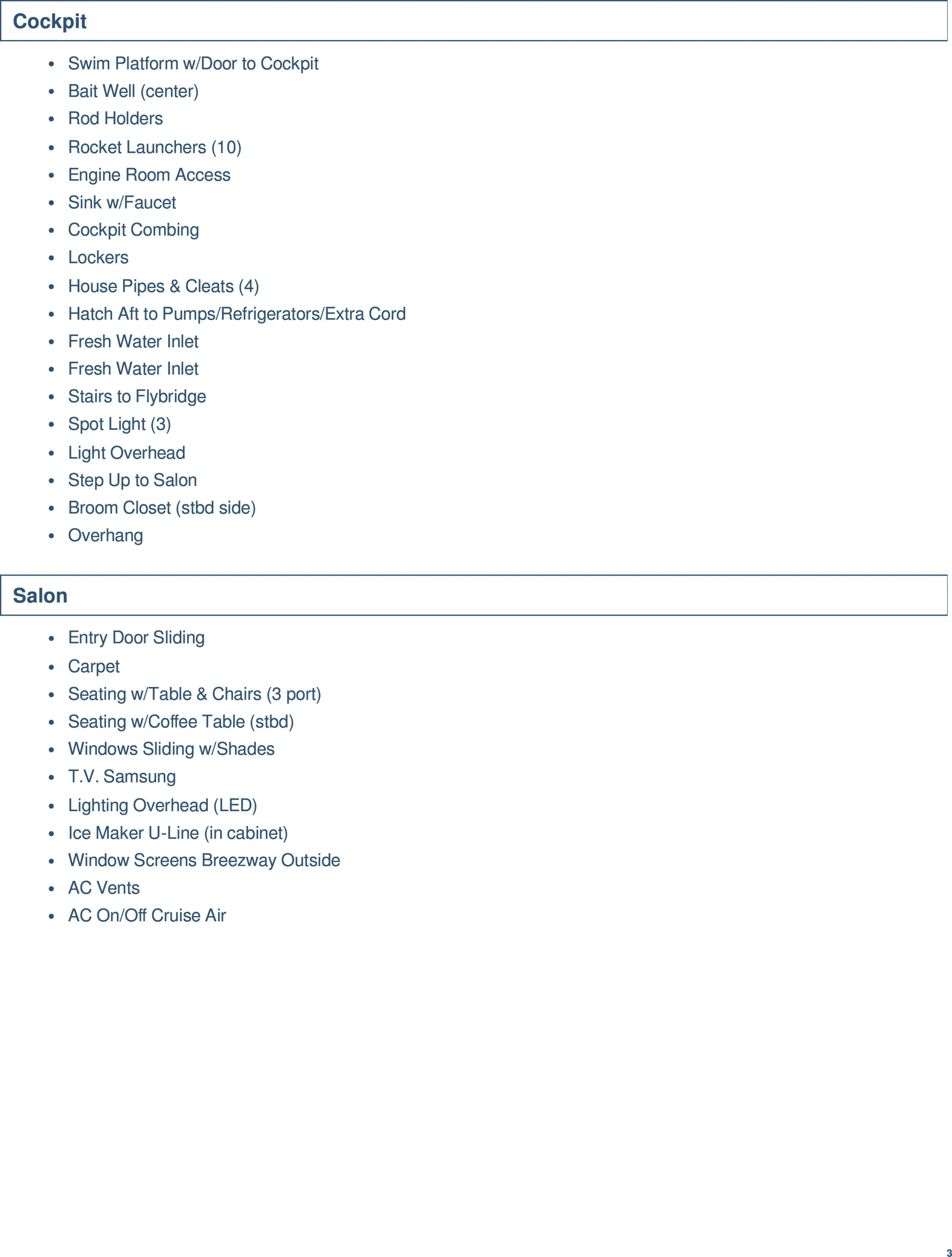 A list of features and amenities divided into 