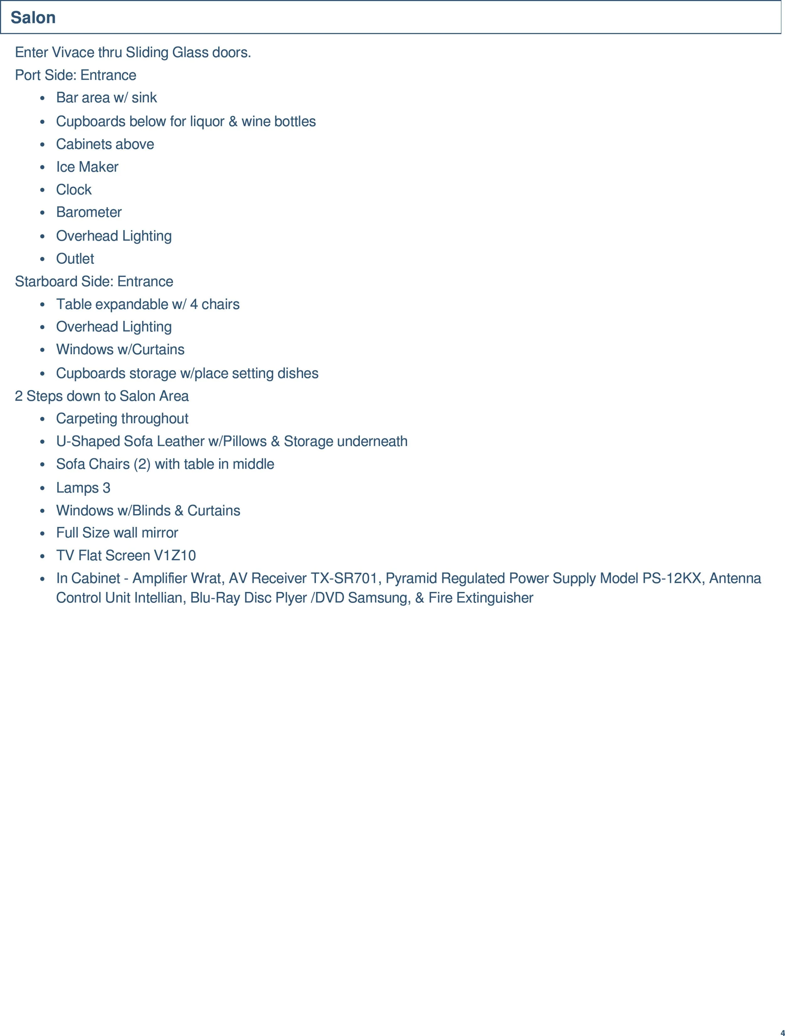 Text-based description of a detailed floor plan for a salon, including entrances, bar area, liquor storage, seating, lighting, and entertainment equipment.