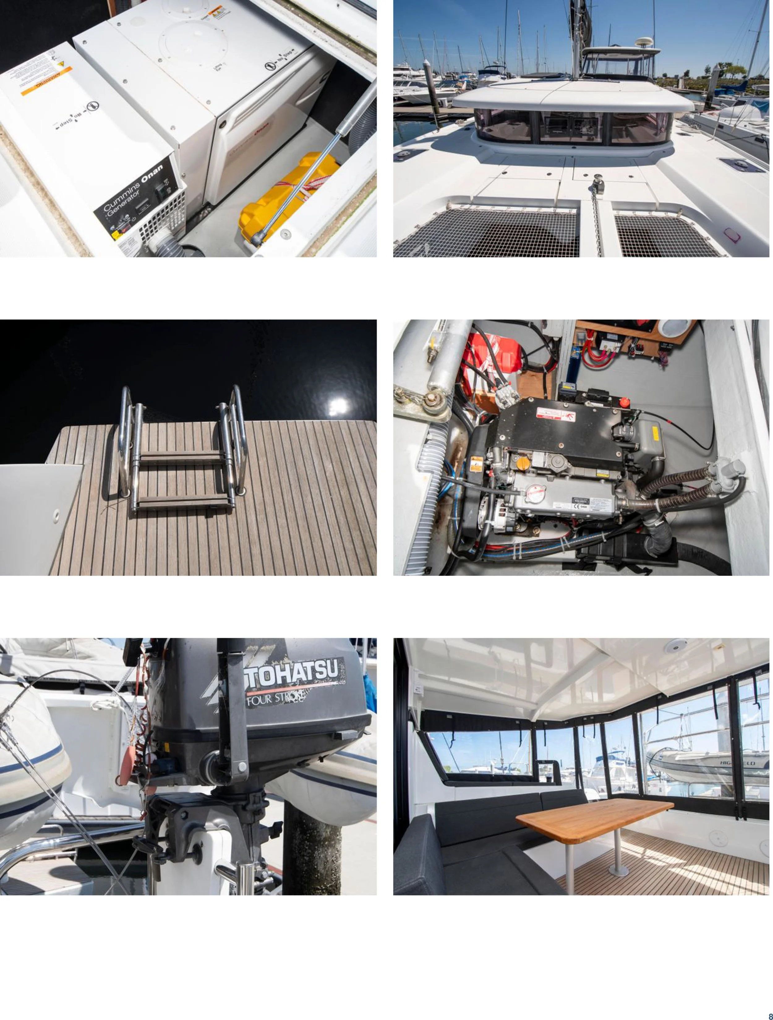 Collection of six photos showing a yacht's engine, cockpit, deck ladder, motor, outboard engine, and interior with seating and table.