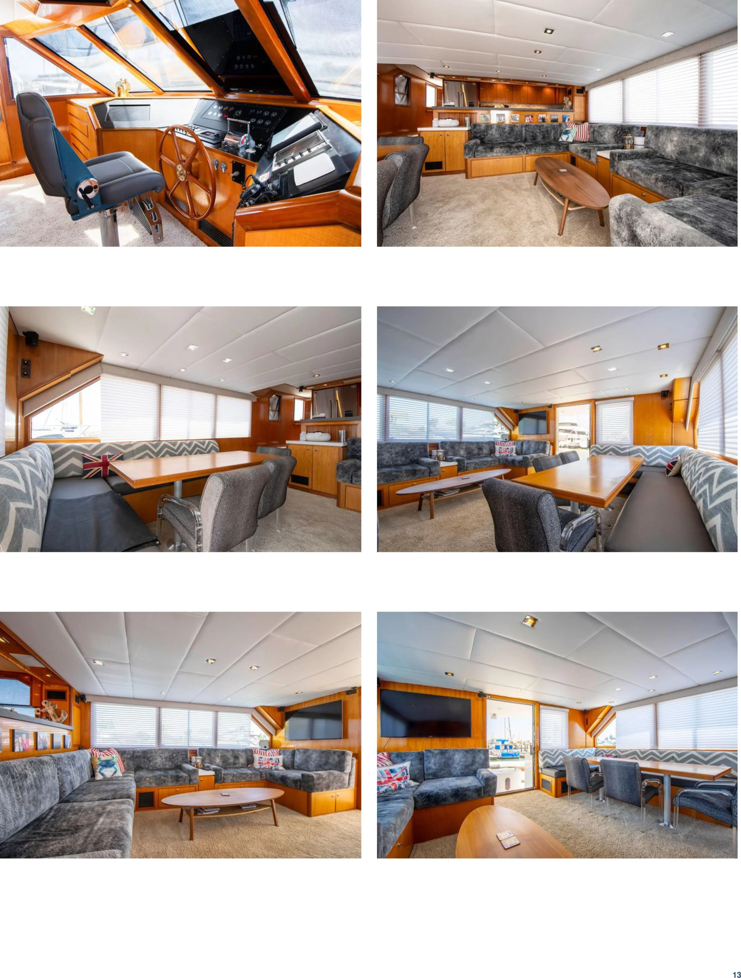 Interior of a yacht with multiple rooms, including a steering area, lounge, dining area, and sitting areas with large windows and wooden decor.