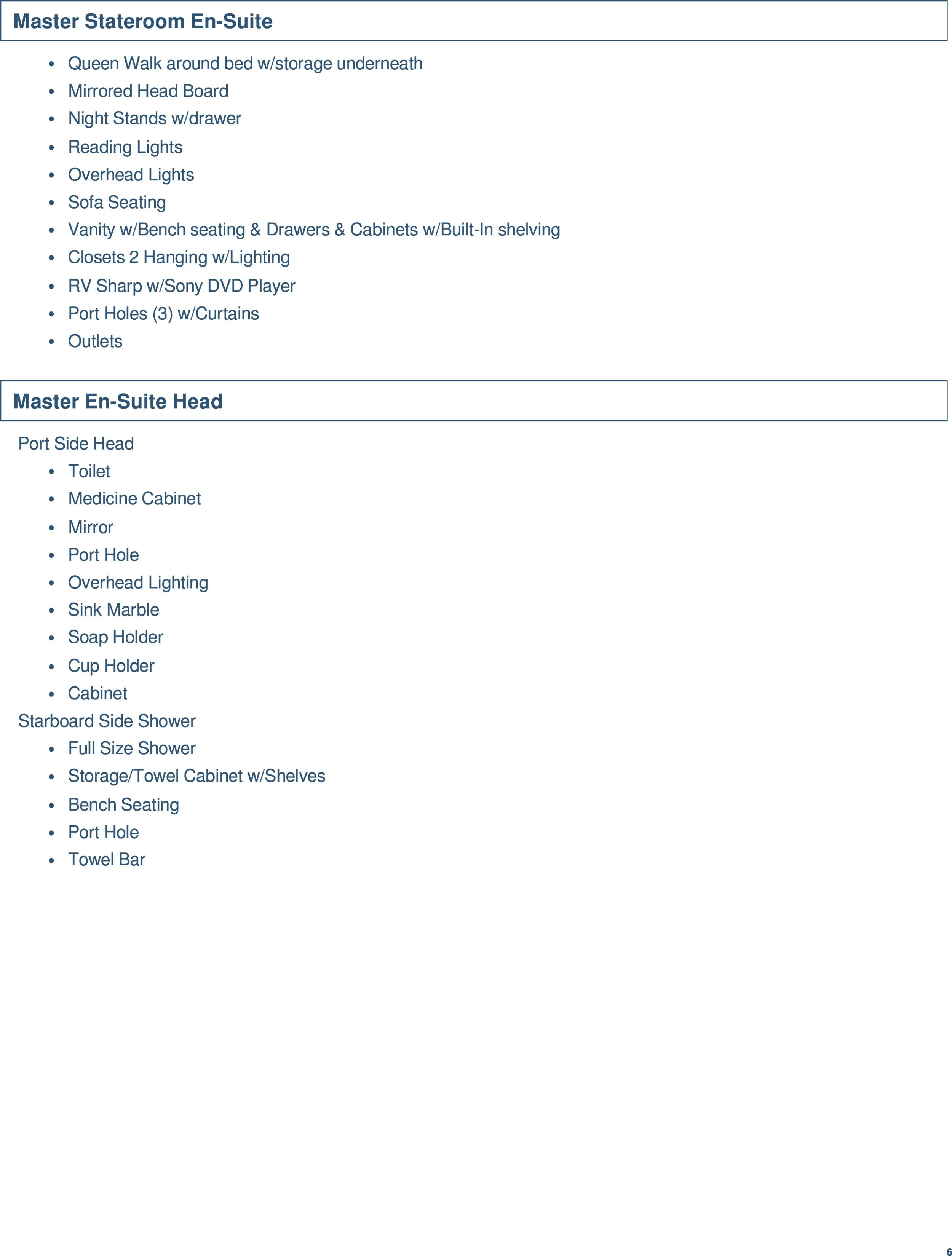 List of amenities and features for a master stateroom en-suite and master en-suite head in a boat or yacht, including details about the bed, lighting, cabinetry, and shower.