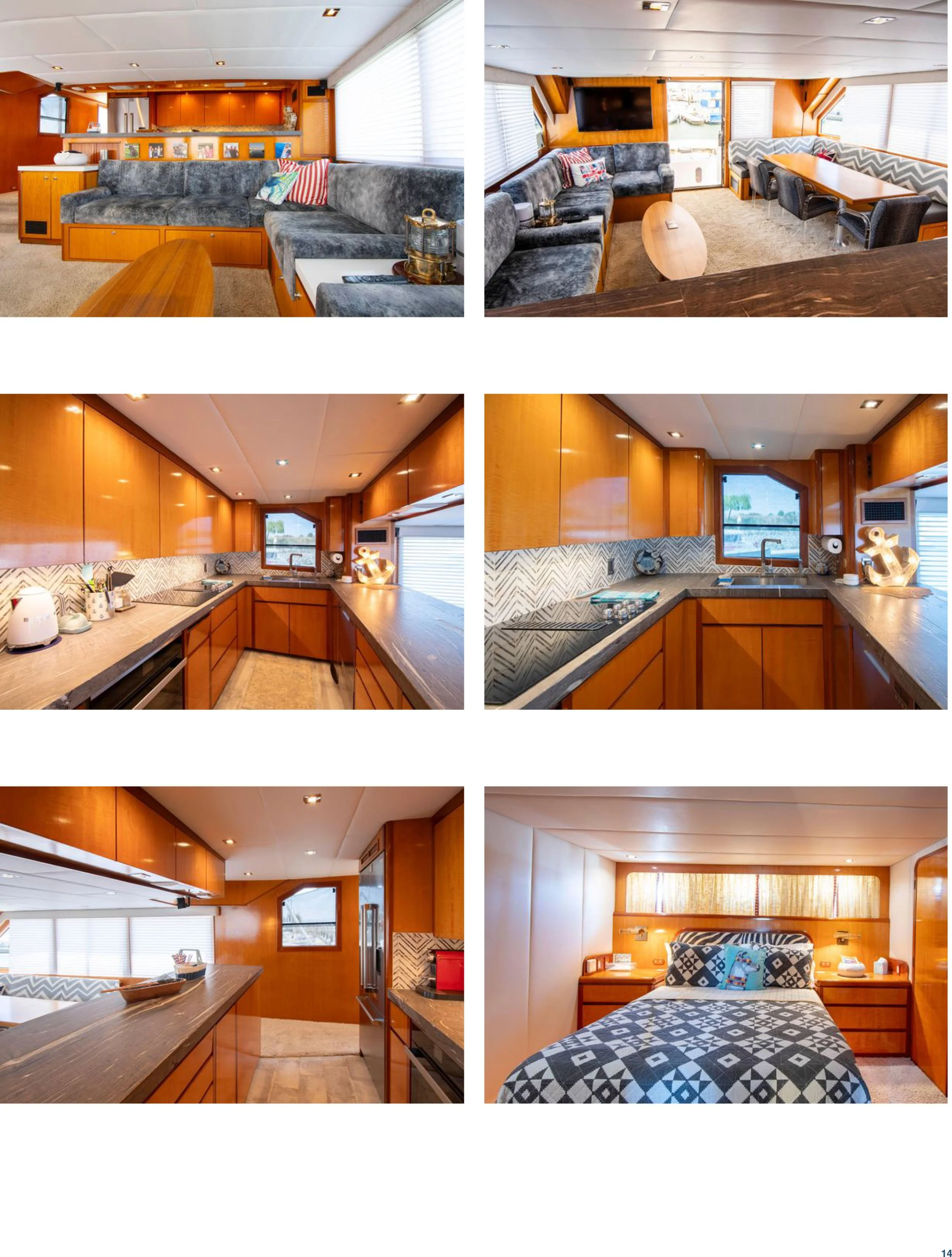 Interior of a boat or yacht showing a living room, dining area, kitchen, and bedroom with wooden paneling, modern furnishings, and large windows.