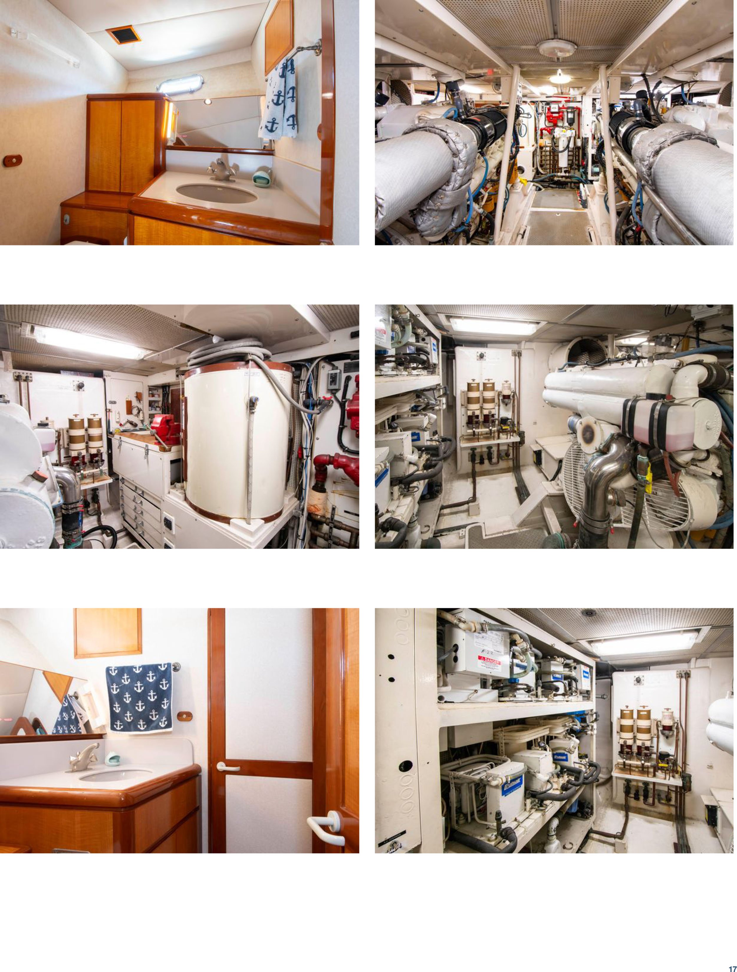 Collage of four images showing the interior of a boat, including a bathroom with mirror and sink, and engine rooms with machinery and pipes.