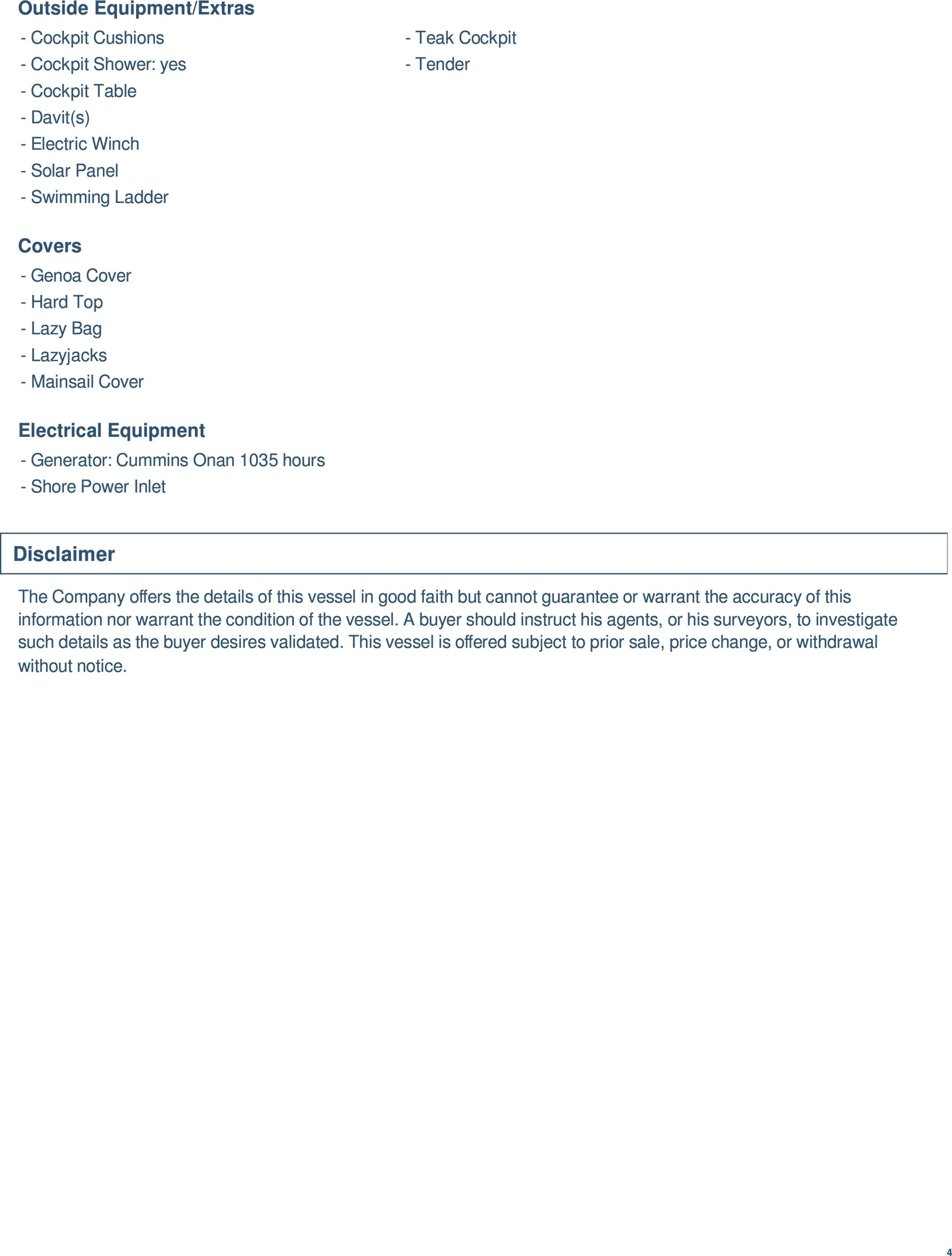 Document listing equipment, covers, electrical equipment, and a disclaimer for a vessel.