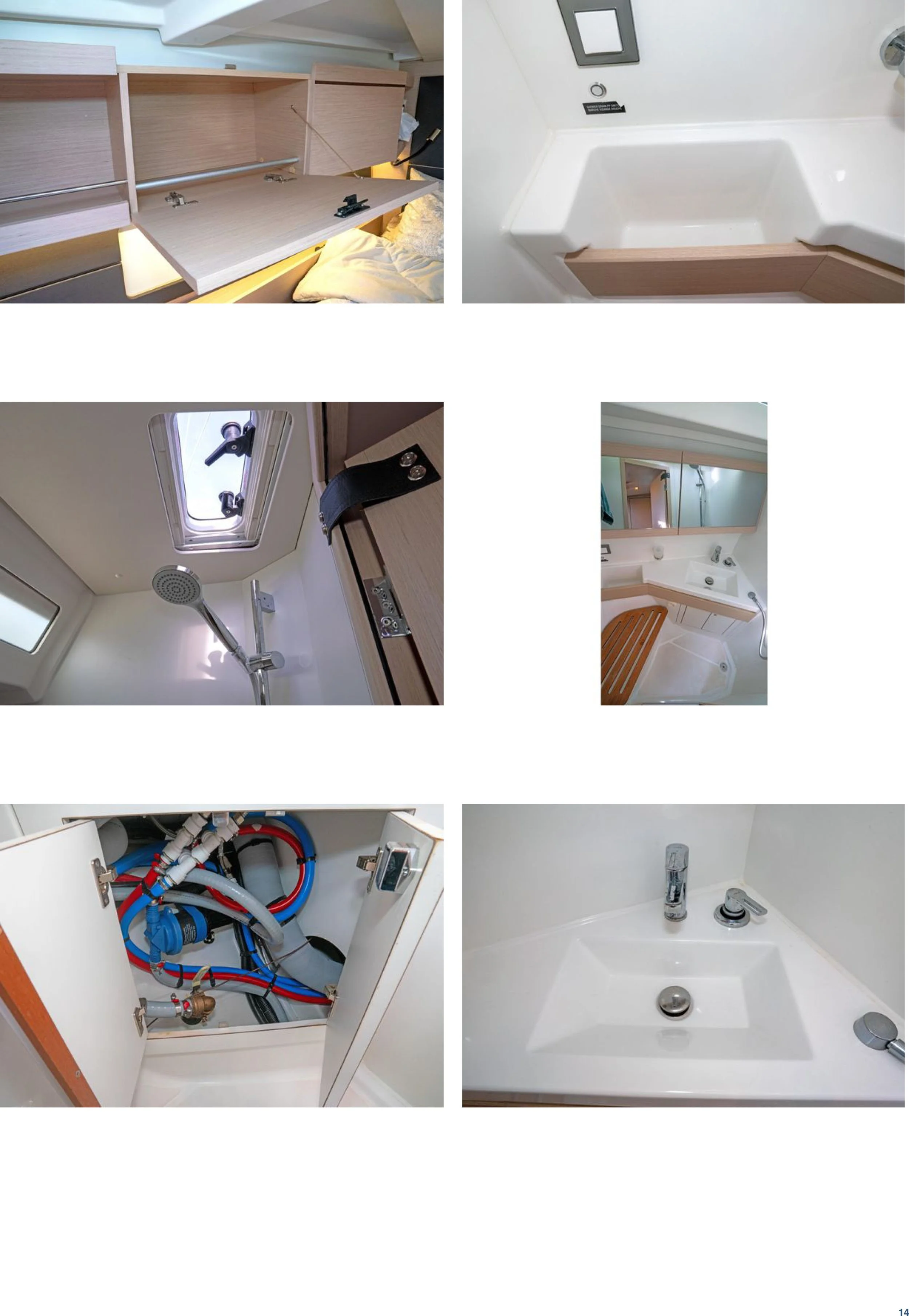 Collection of images showing interior parts of a compact bathroom or RV, including a bed storage area, a bathtub with a wooden edge, a shower, a mirror with a small counter, an open cabinet with plumbing pipes, and a sink with a faucet.