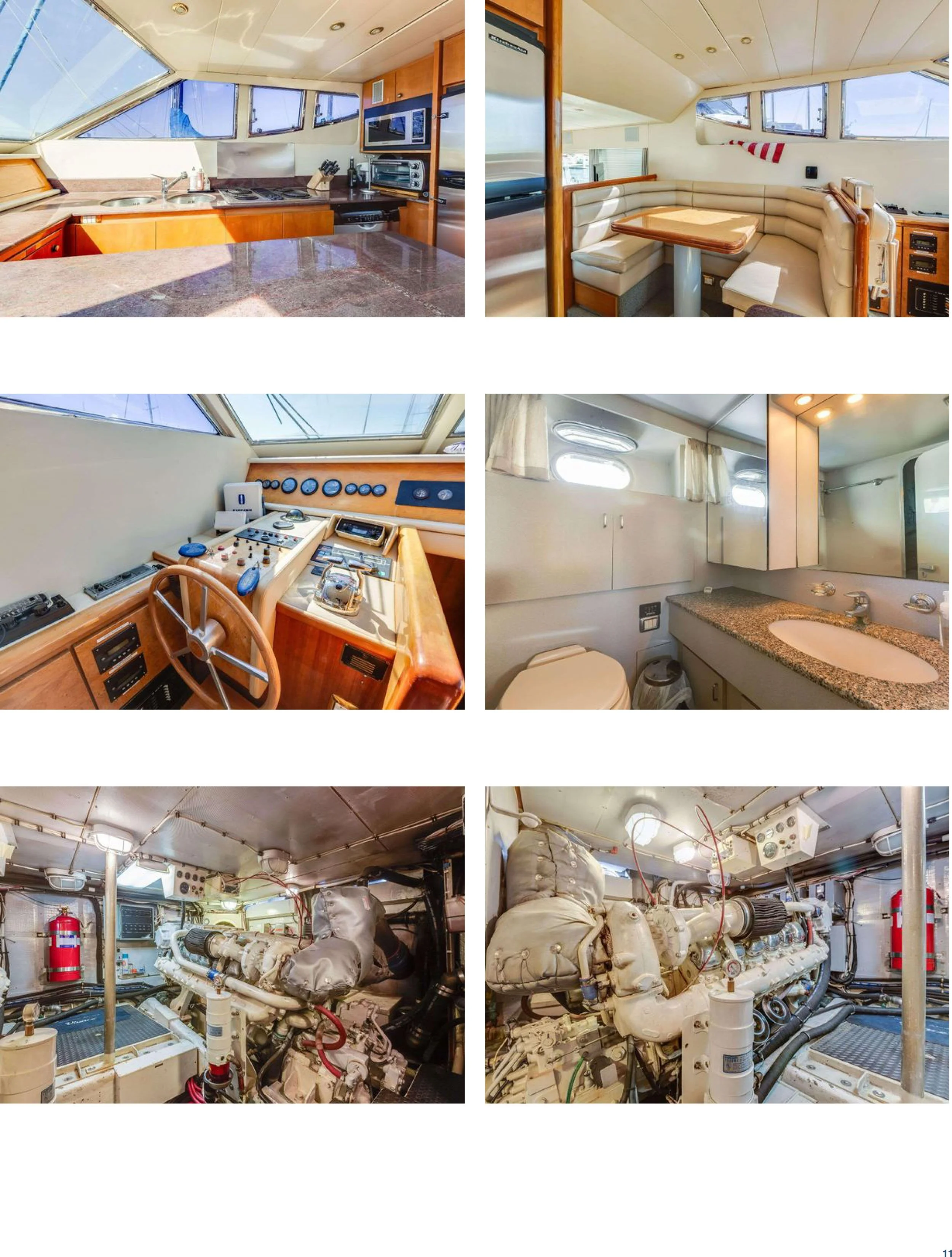 Interior view of a yacht, showing a kitchen with wooden cabinets and a marble counter, a dining area with a curved white leather bench and table, a control room with navigation instruments, a bathroom with a mirror and sink, and engine rooms with lar