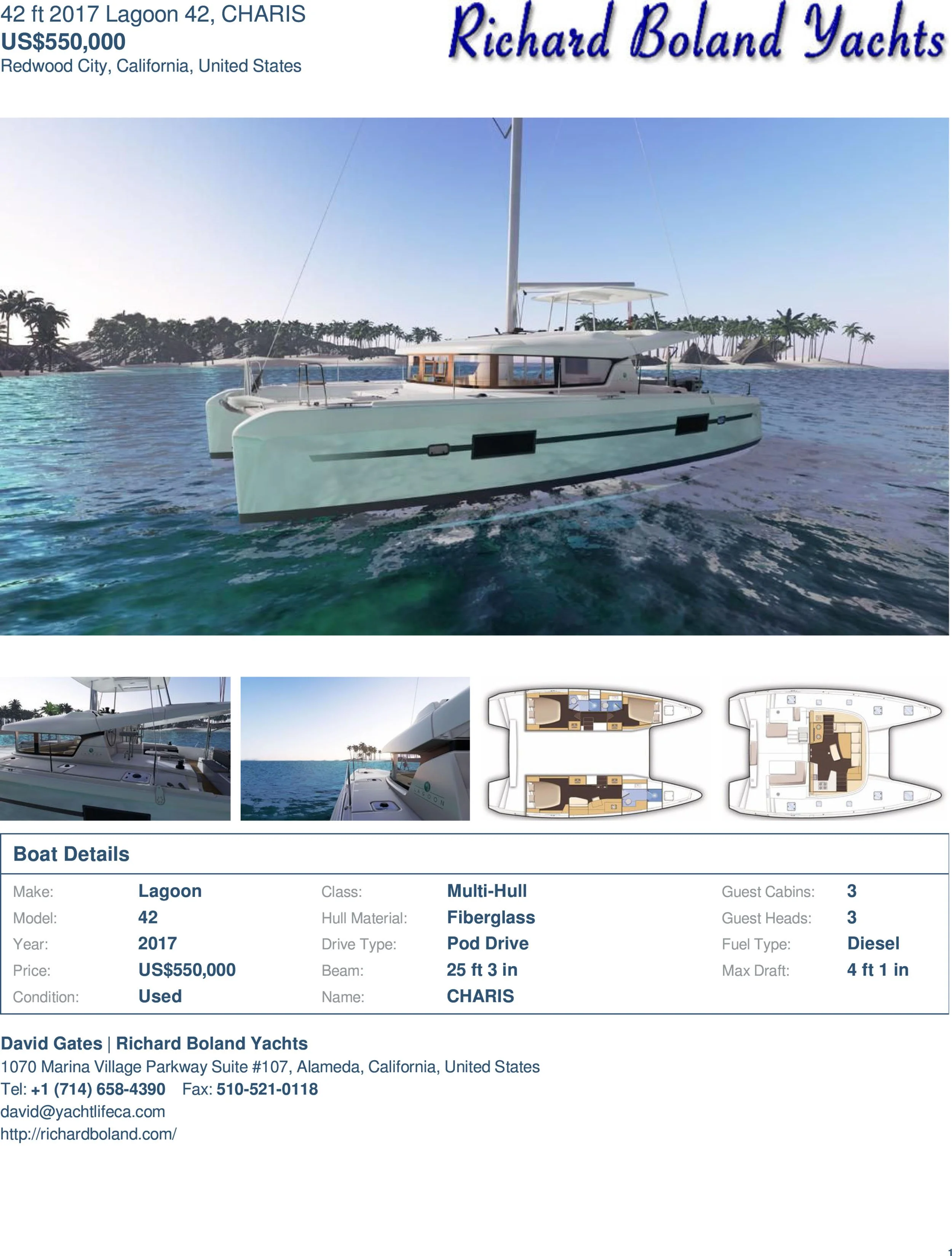 A luxury sailing yacht on the water near a tropical island with palm trees, with a detailed boat listing, specifications, and contact information for Richard Boland Yachts.