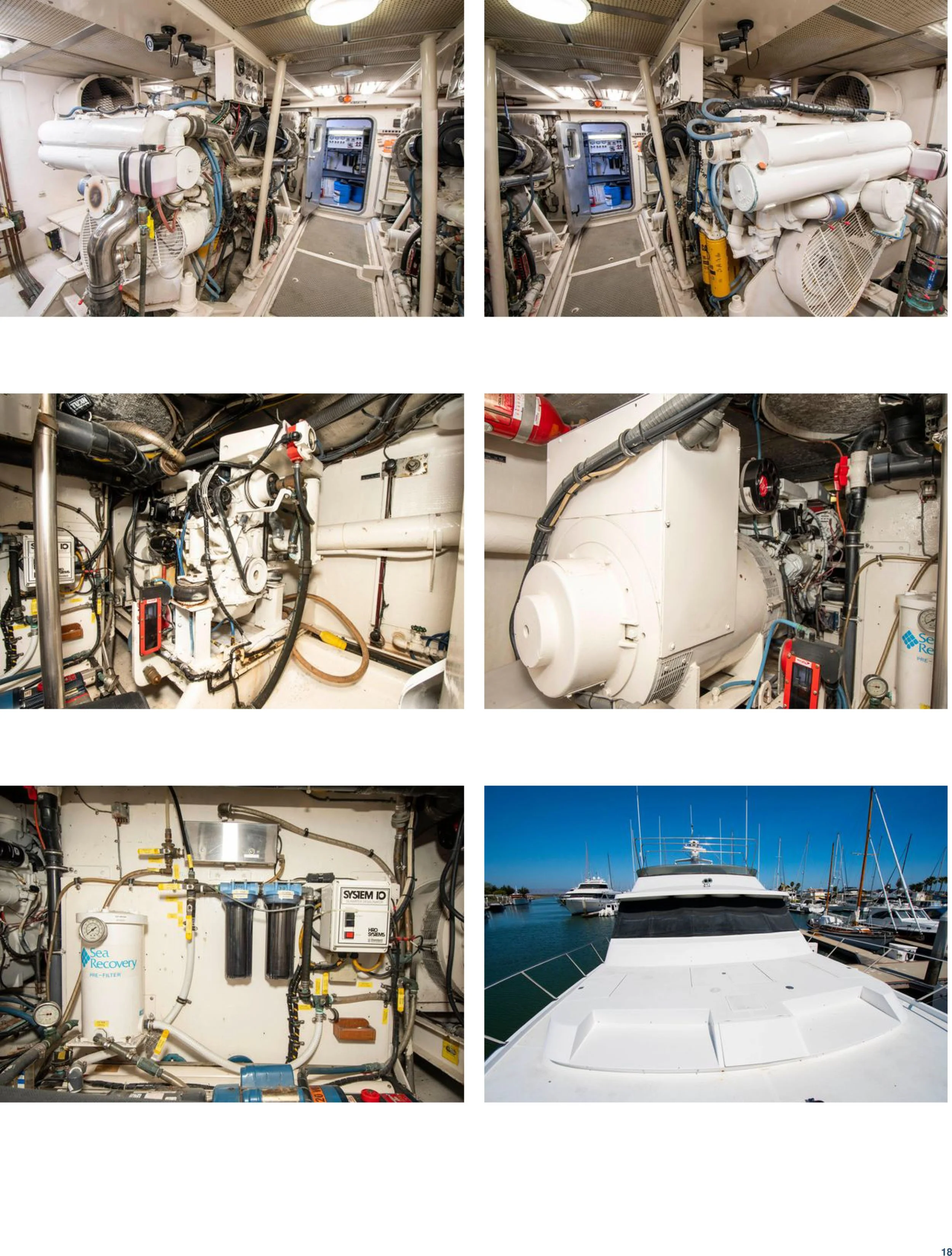Interior views of a boat's engine room with mechanical and electrical equipment, and an exterior shot of the boat docked at a marina with other boats visible.