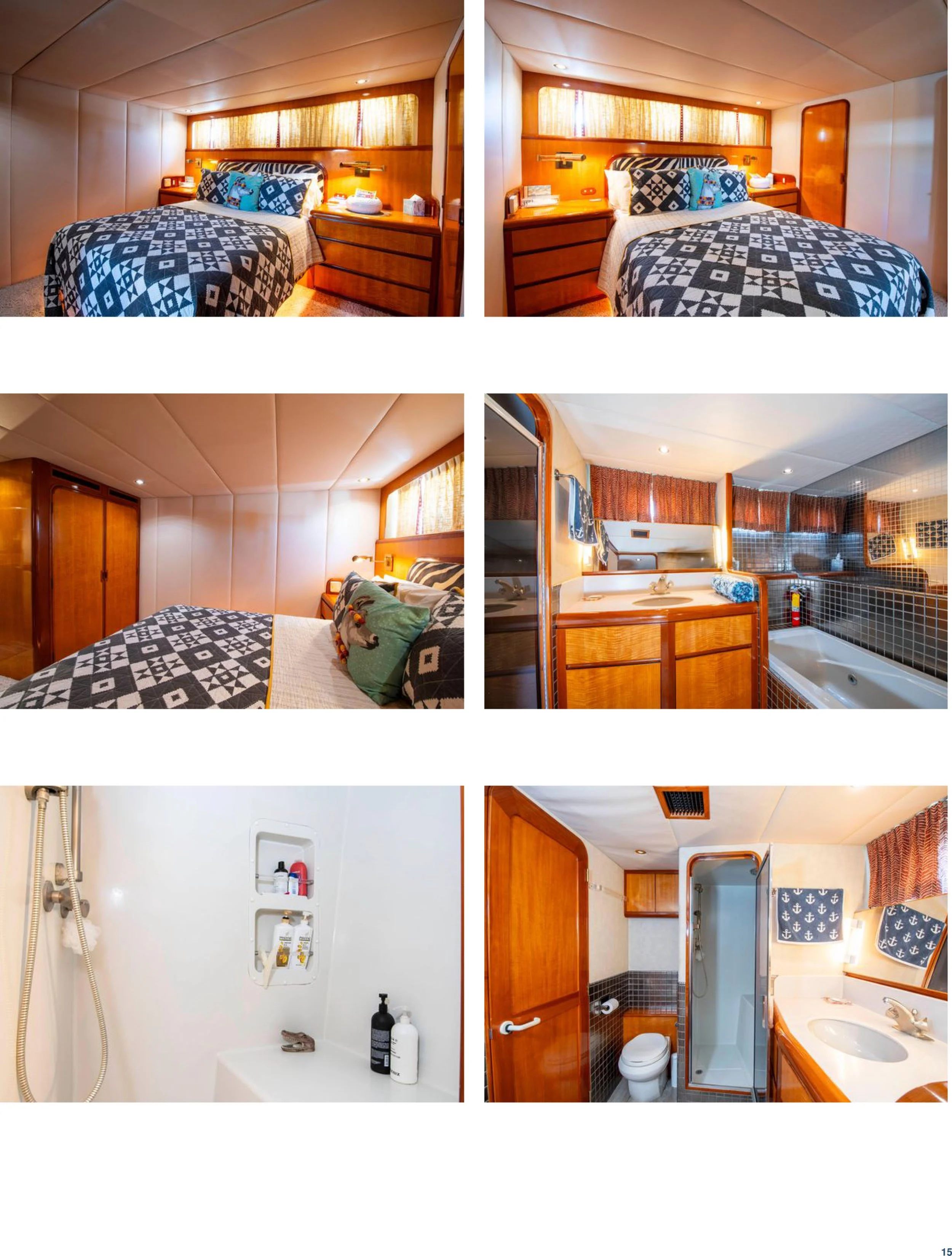 Collage of photos featuring a cozy bedroom with a bed, wooden accents, and a bathroom with a shower, sink, and toilet.