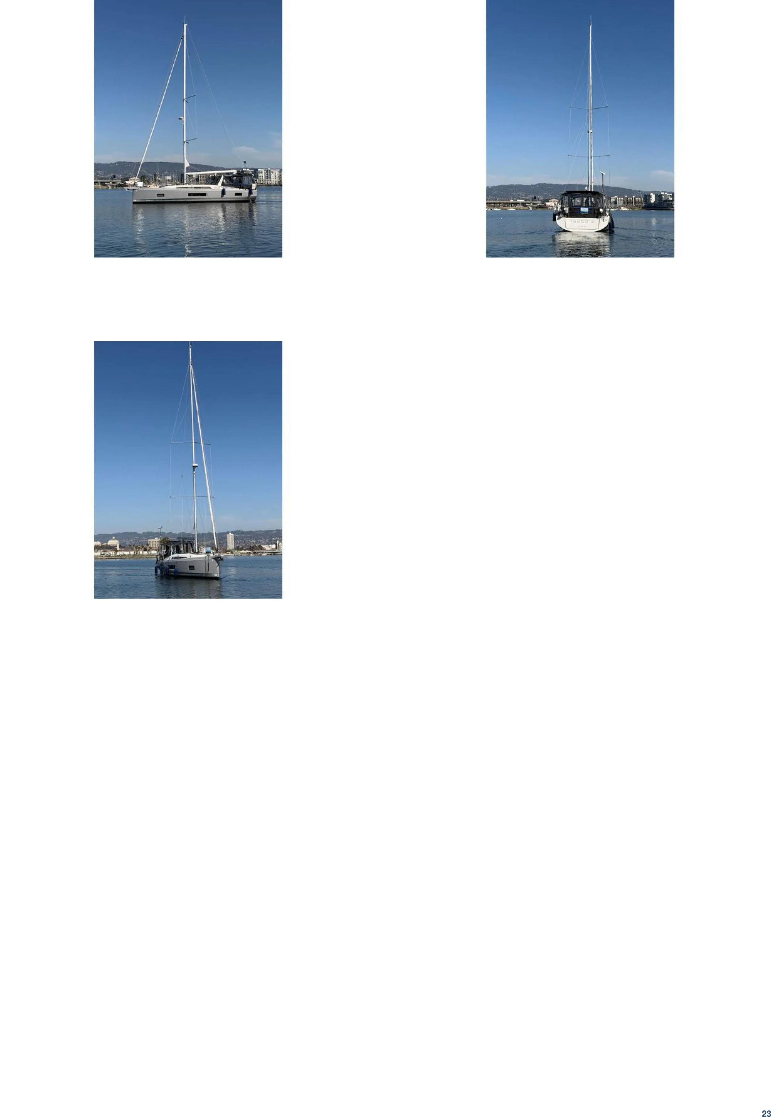 Three different views of sailboats on the water with a city skyline in the background on a clear, sunny day.
