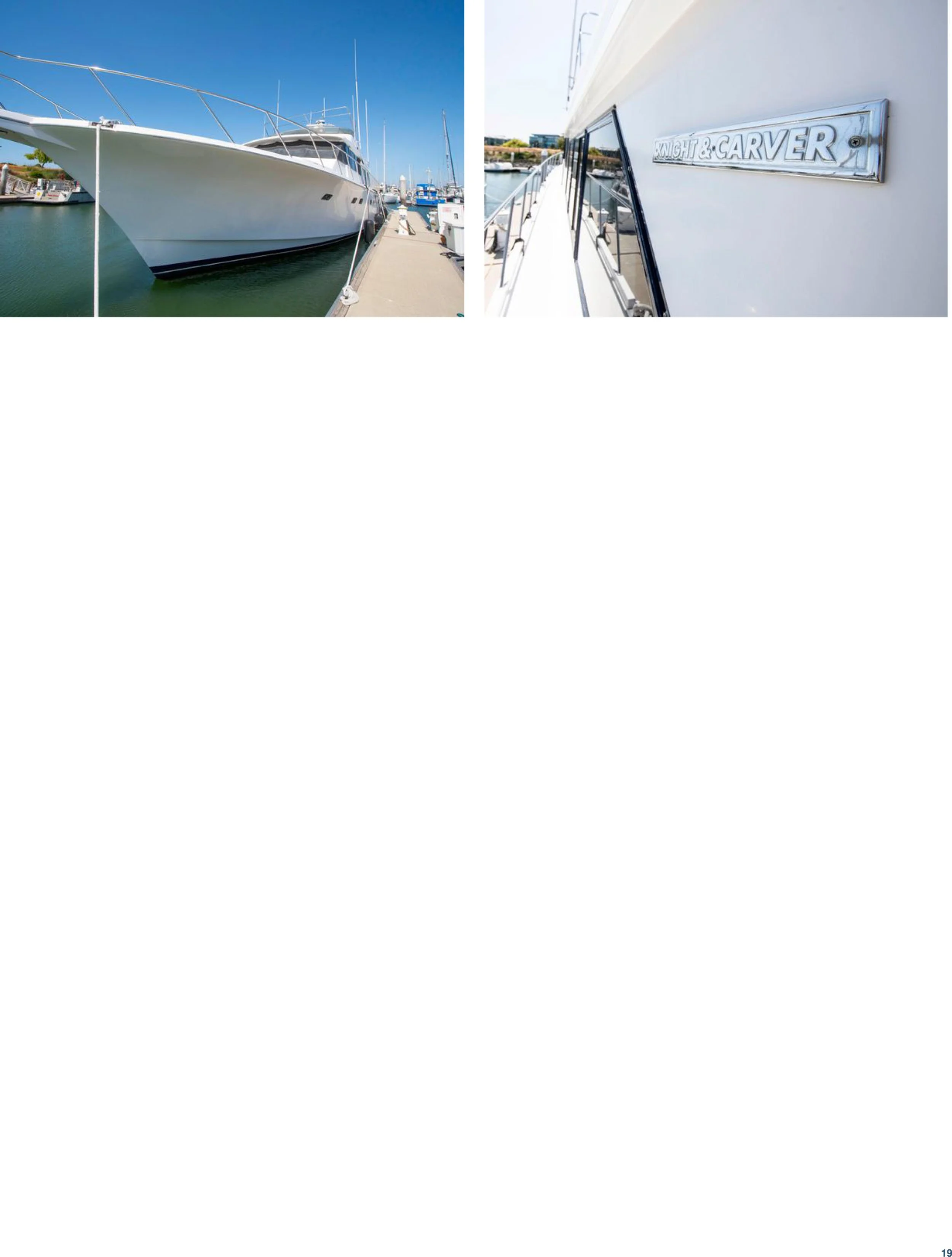 Side view of a large white yacht docked at a marina with a clear blue sky