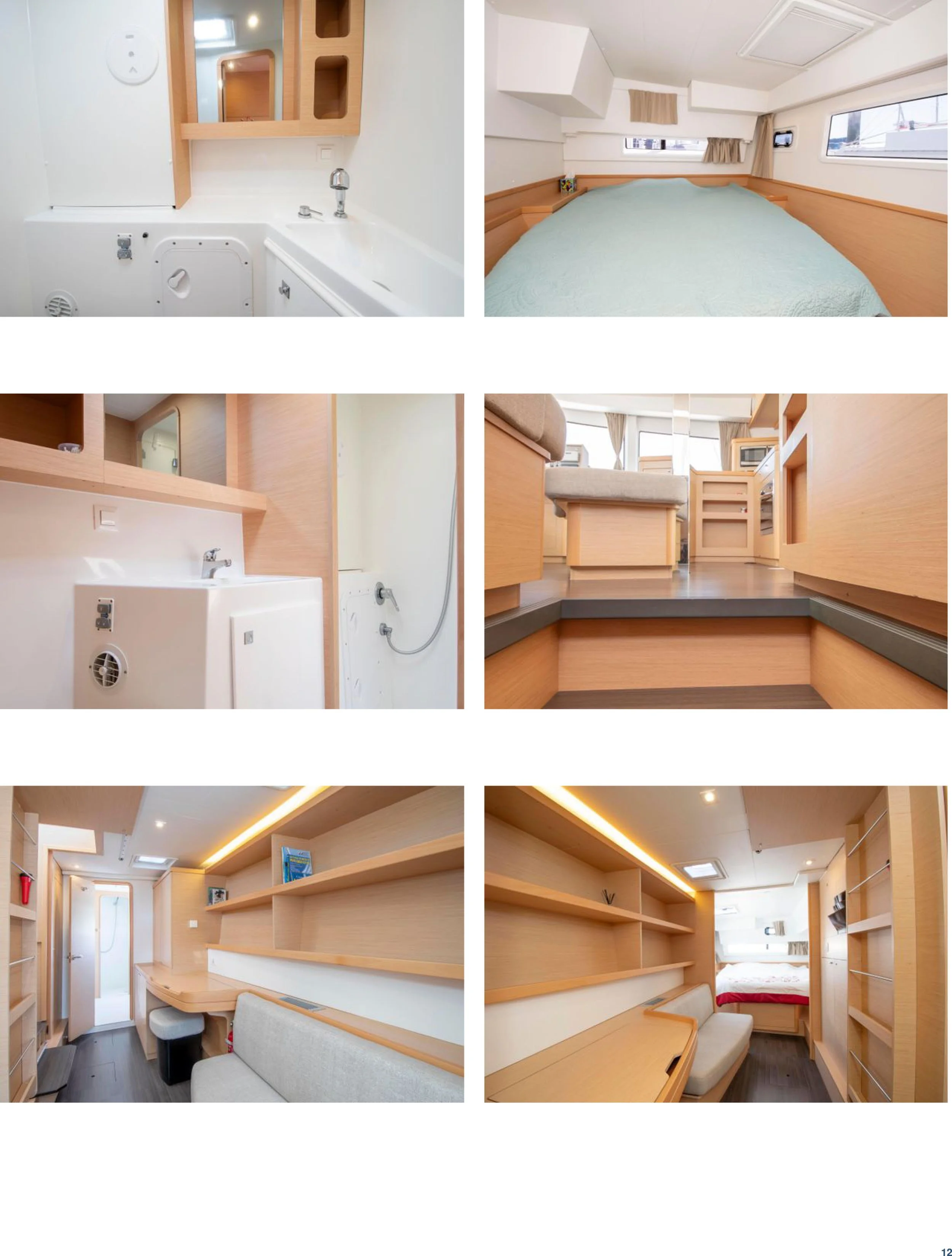 Interior of a modern, compact living space, possibly in a boat or RV, featuring a small kitchen, a bed, a bathroom with a sink and shower, and built-in furniture with wood finishes.