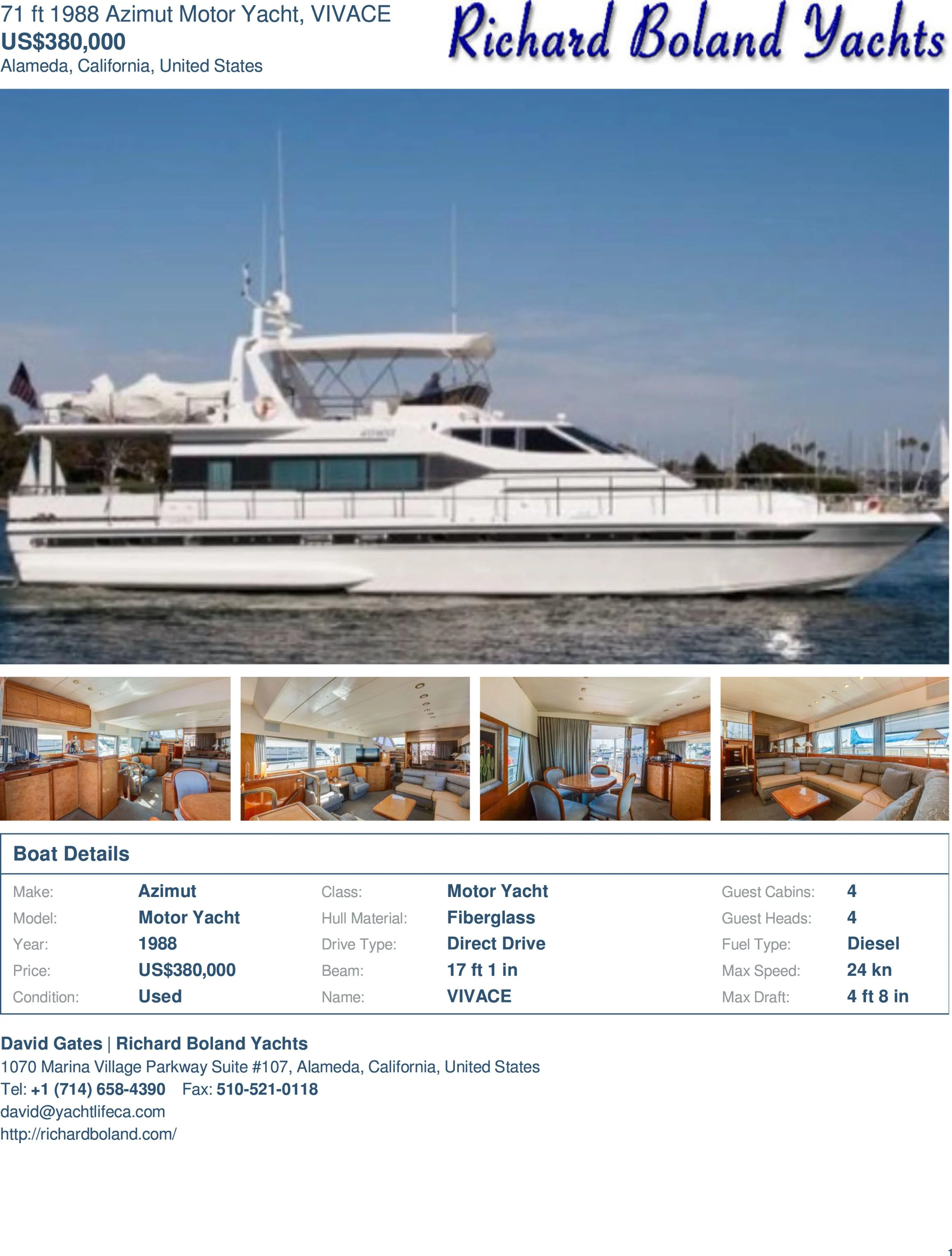 A white motor yacht named VIVACE sailing on calm water with a clear sky background, shown with interior photos of wood-paneled living spaces, dining area, and seating arrangements.