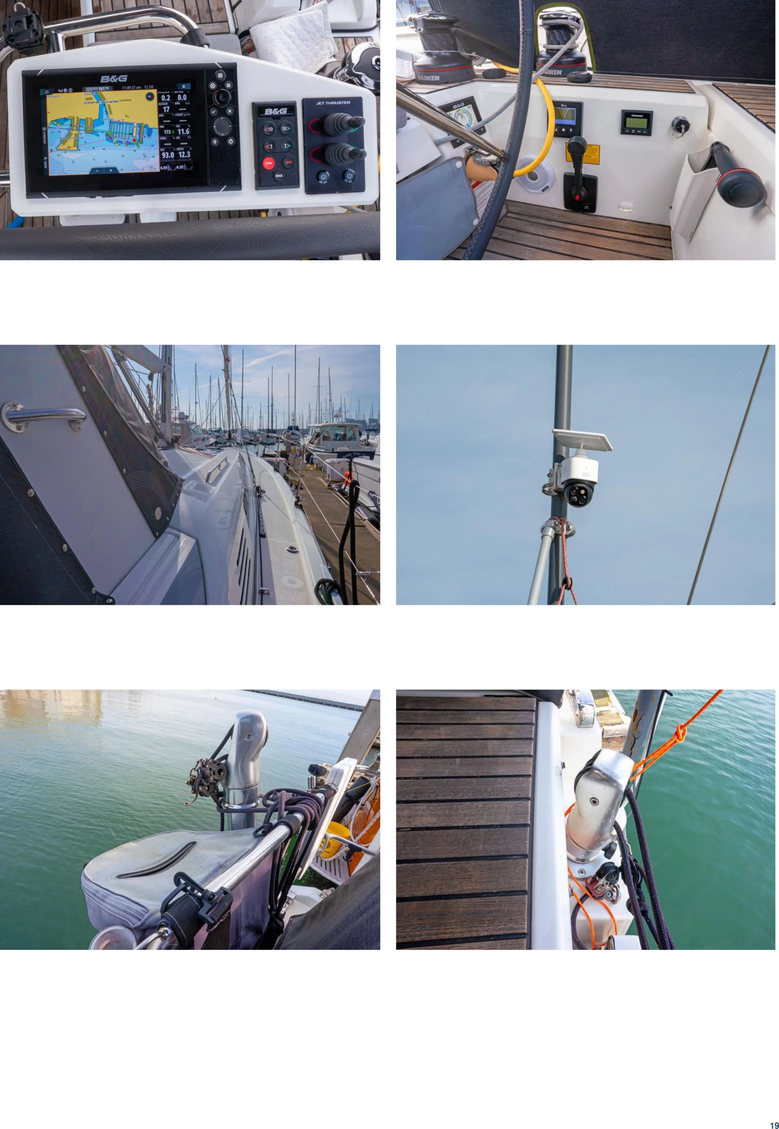 Images of a sailboat dashboard with navigation and engine controls, overview of the boat at a marina with other boats, a camera mounted on the boat's mast, the boat's bow with a windlass and anchor, and the side deck with ropes and hardware.