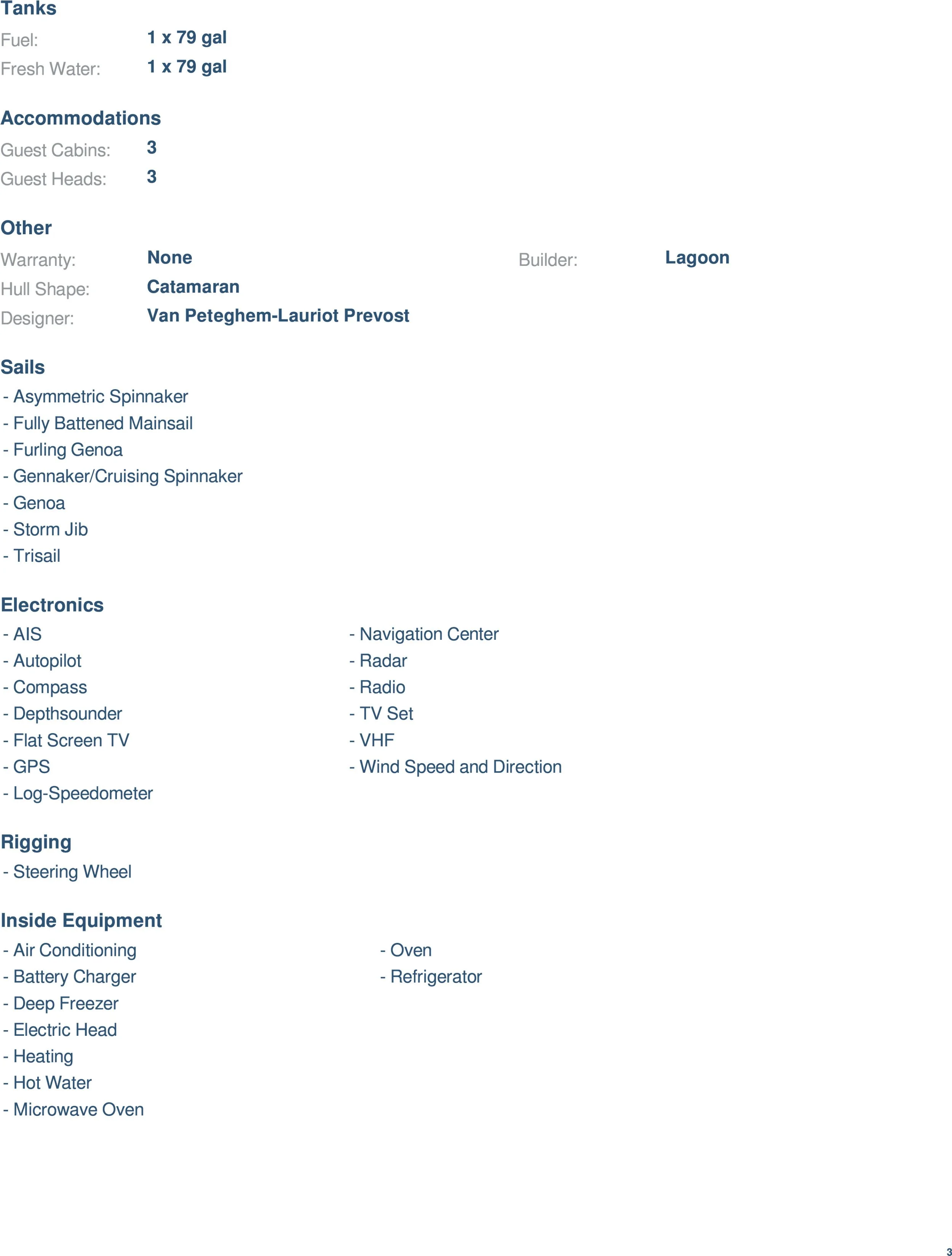 A detailed list of specifications for a boat, including tanks, accommodations, other features, sails, electronics, rigging, and inside equipment.