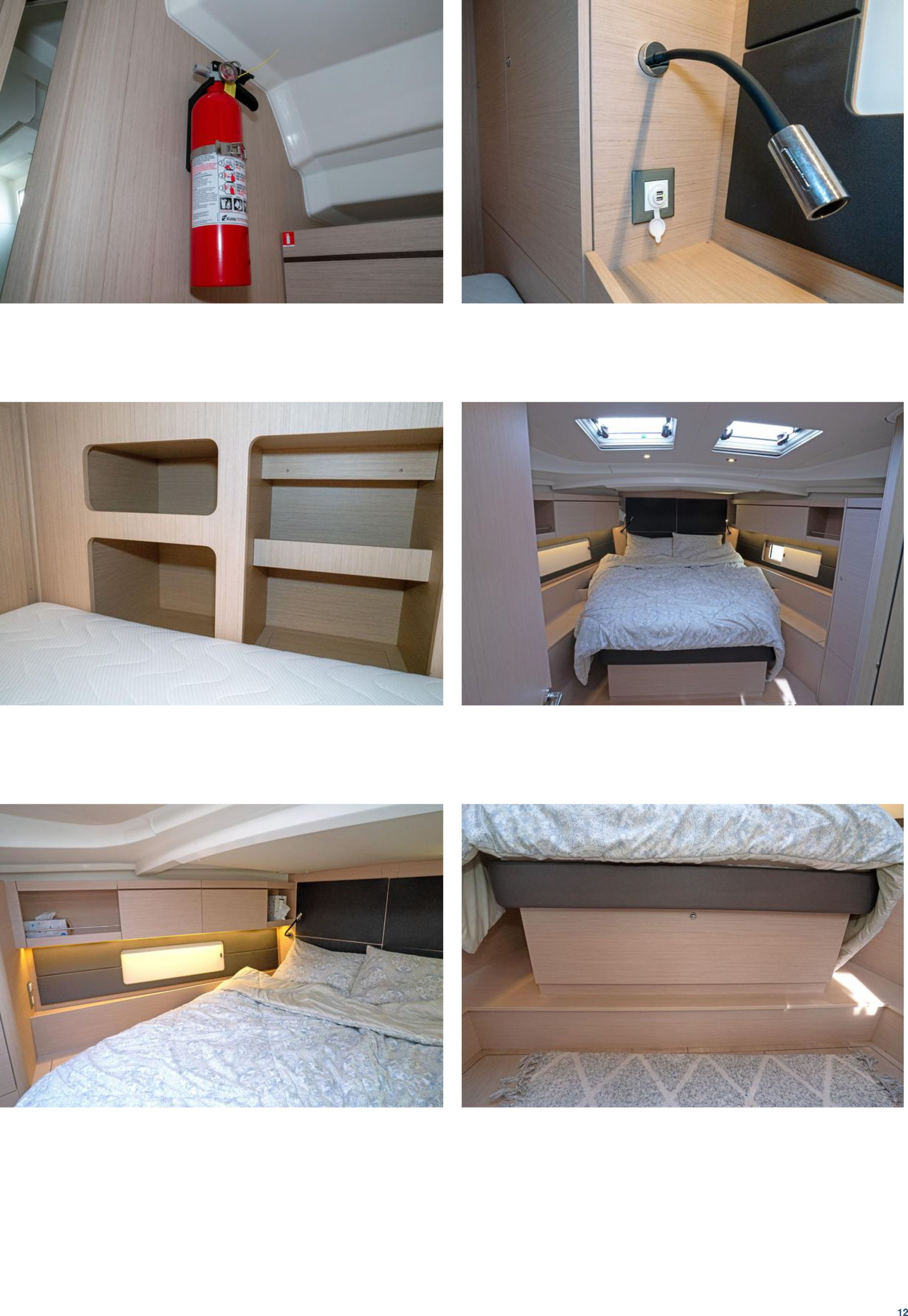 Interior of a bedroom on a boat or yacht, featuring a fire extinguisher, a reading lamp, built-in shelves, a bed with overhead skylights, and a wood-paneled design.