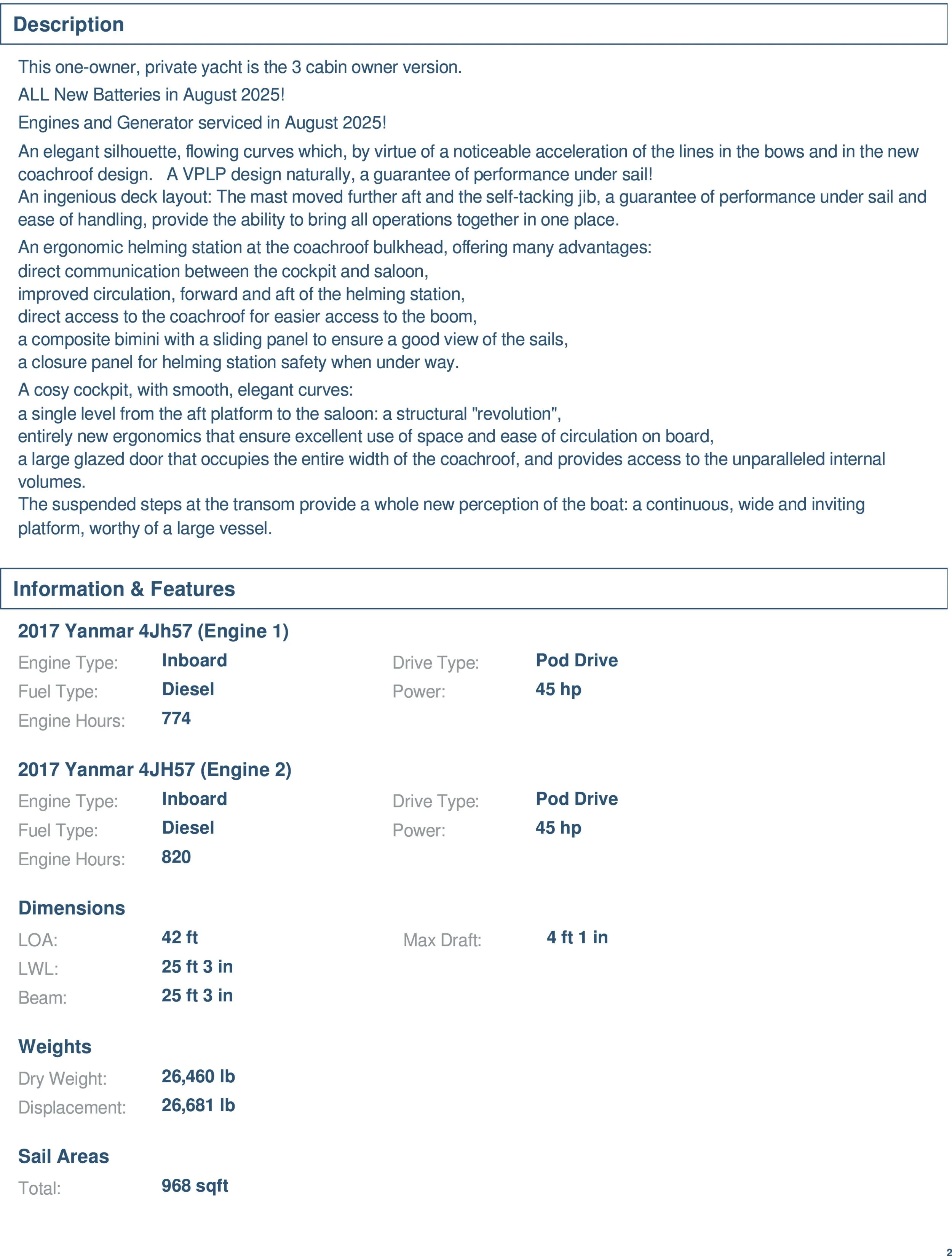 A detailed technical document describing a private yacht, including its features, engine specifications, dimensions, weights, and sail areas.