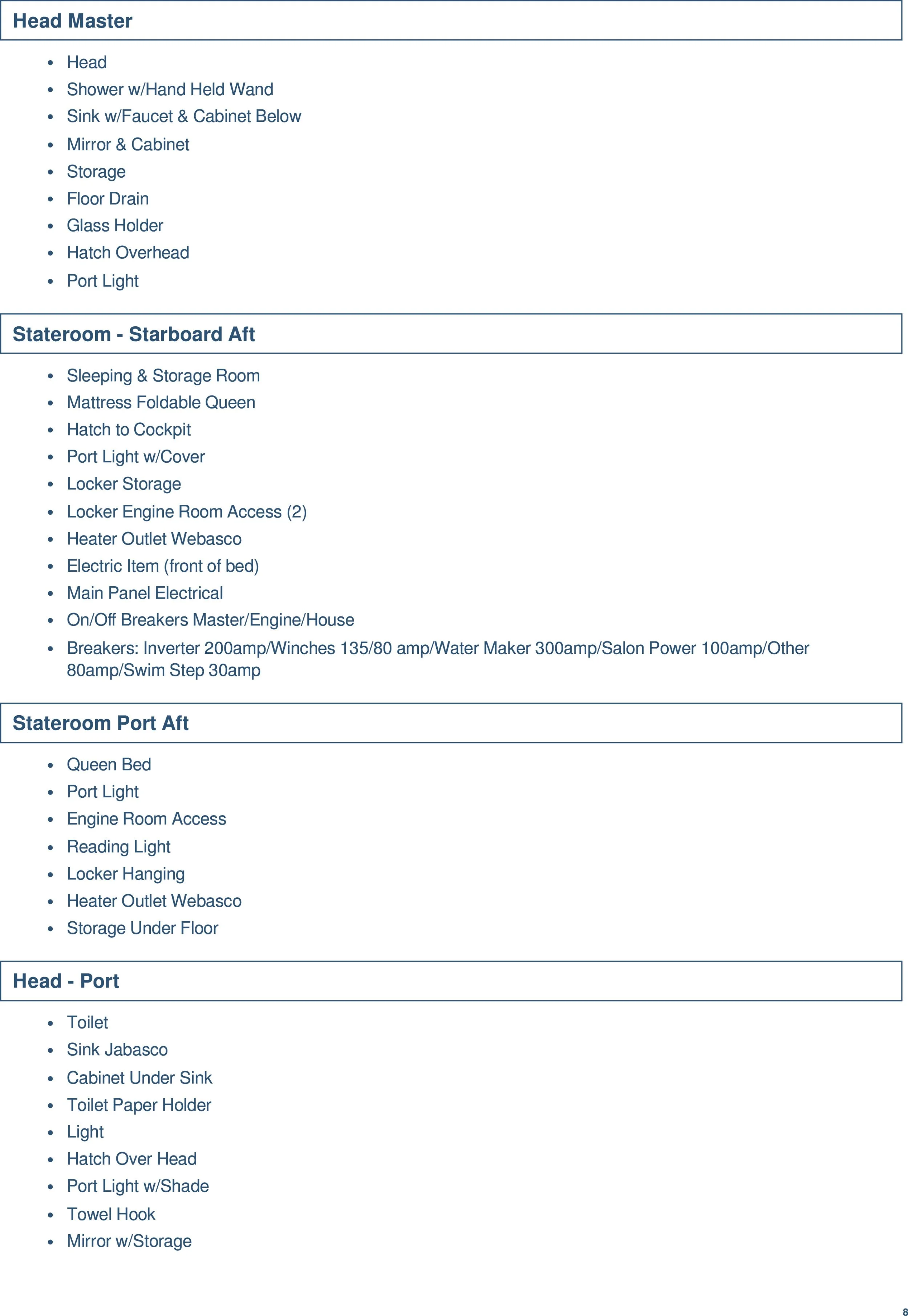 This image shows a detailed list of features for various sections of a boat's interior, including the head, staterooms port and starboard aft, and the head port. The list includes items such as sinks, cabinets, lights, storage, and electrical equipme