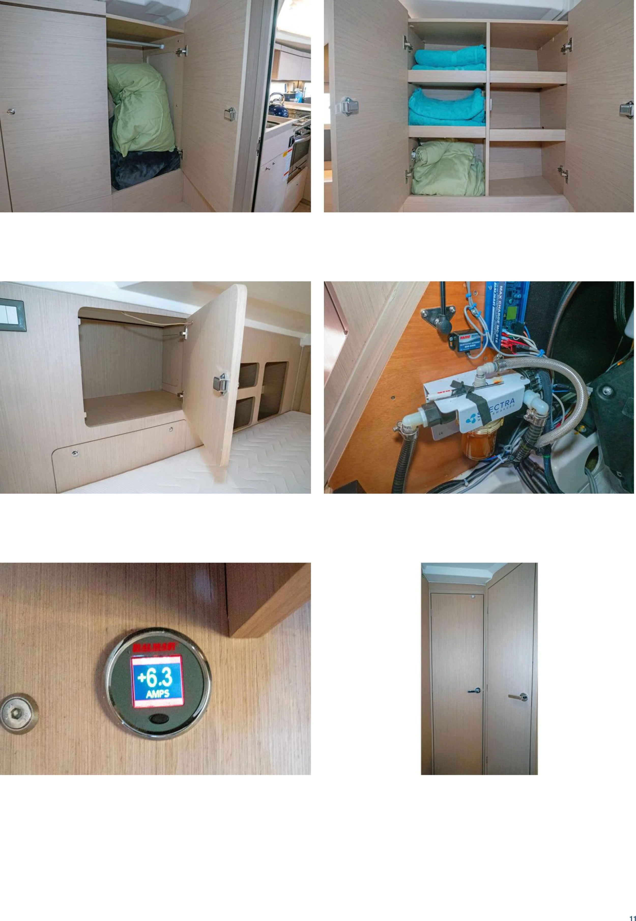 Various storage compartments, electronic components, and handles inside a compact, light-colored wooden space, likely part of a boat or RV.