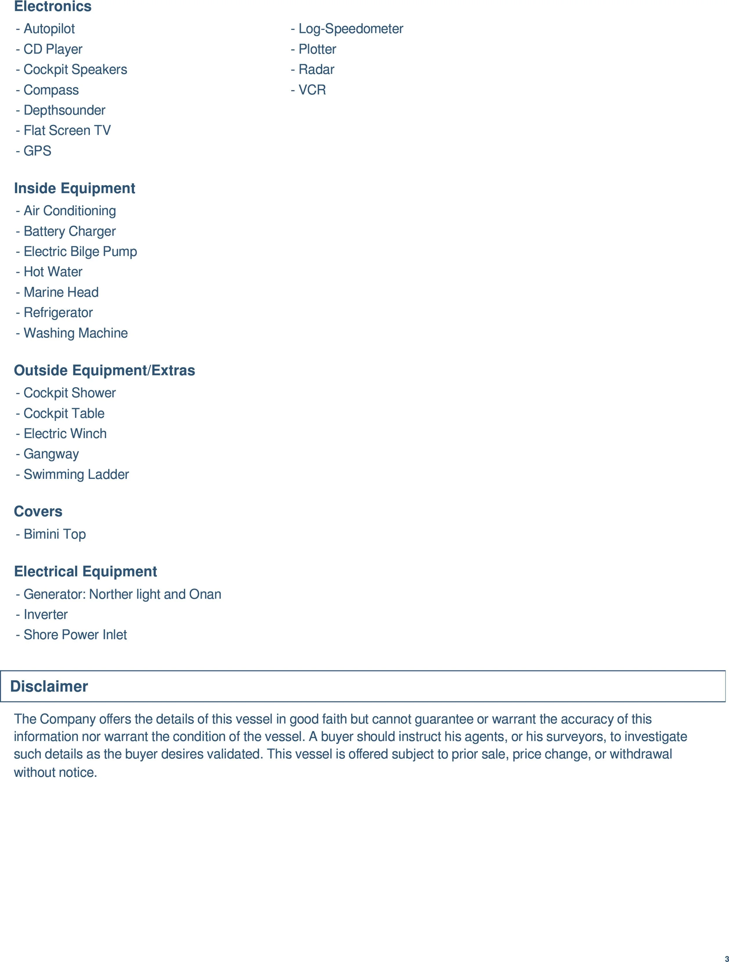 List of various electronic equipment, inside equipment, outside equipment, covers, and electrical equipment associated with a vessel, along with a disclaimer about the vessel's information.