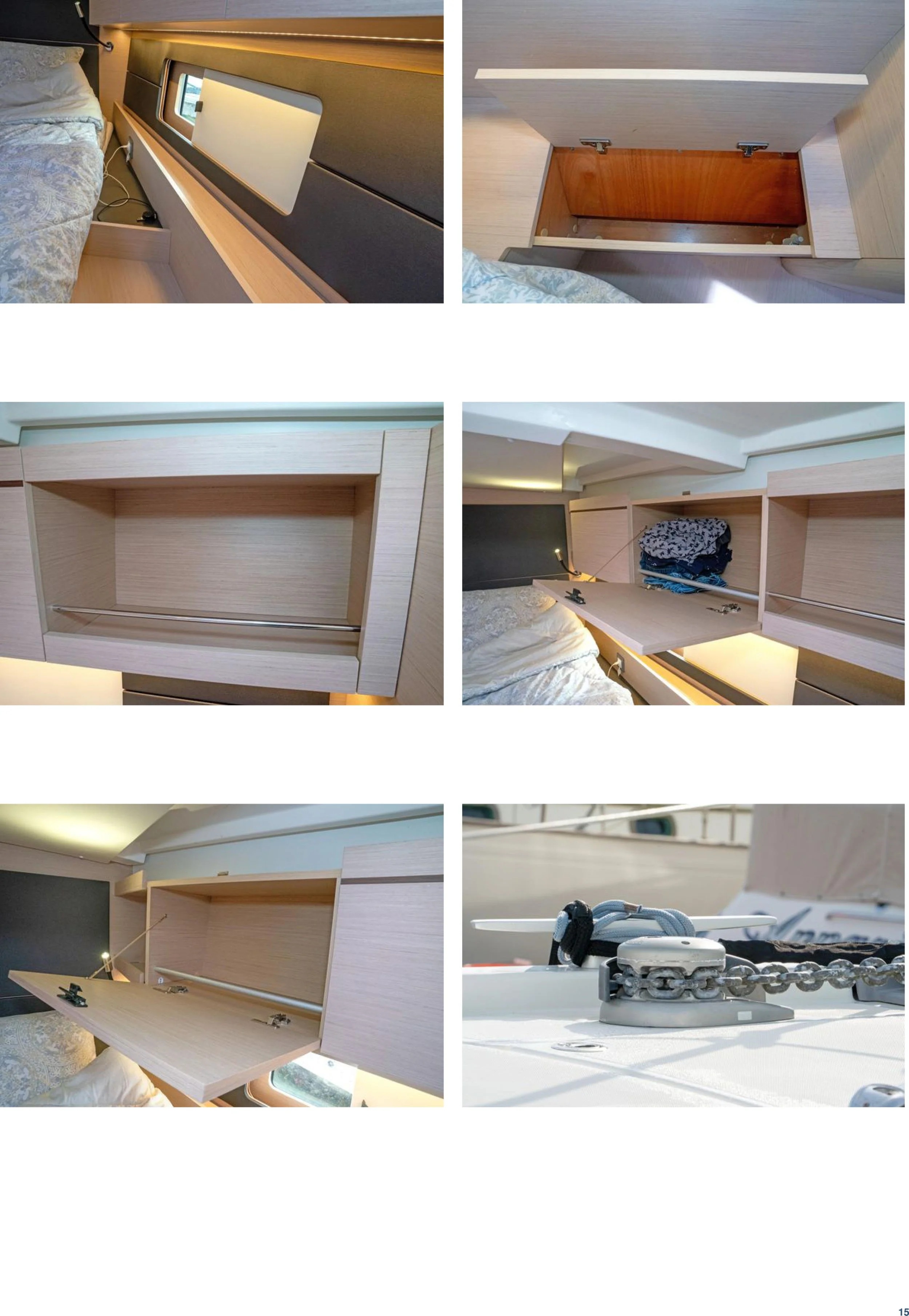 Multiple images showing the interior and exterior of a boat's storage compartments and hardware, including open storage cabinets, a close-up of a chain and cleat on the deck, and a bed with an embedded storage space.
