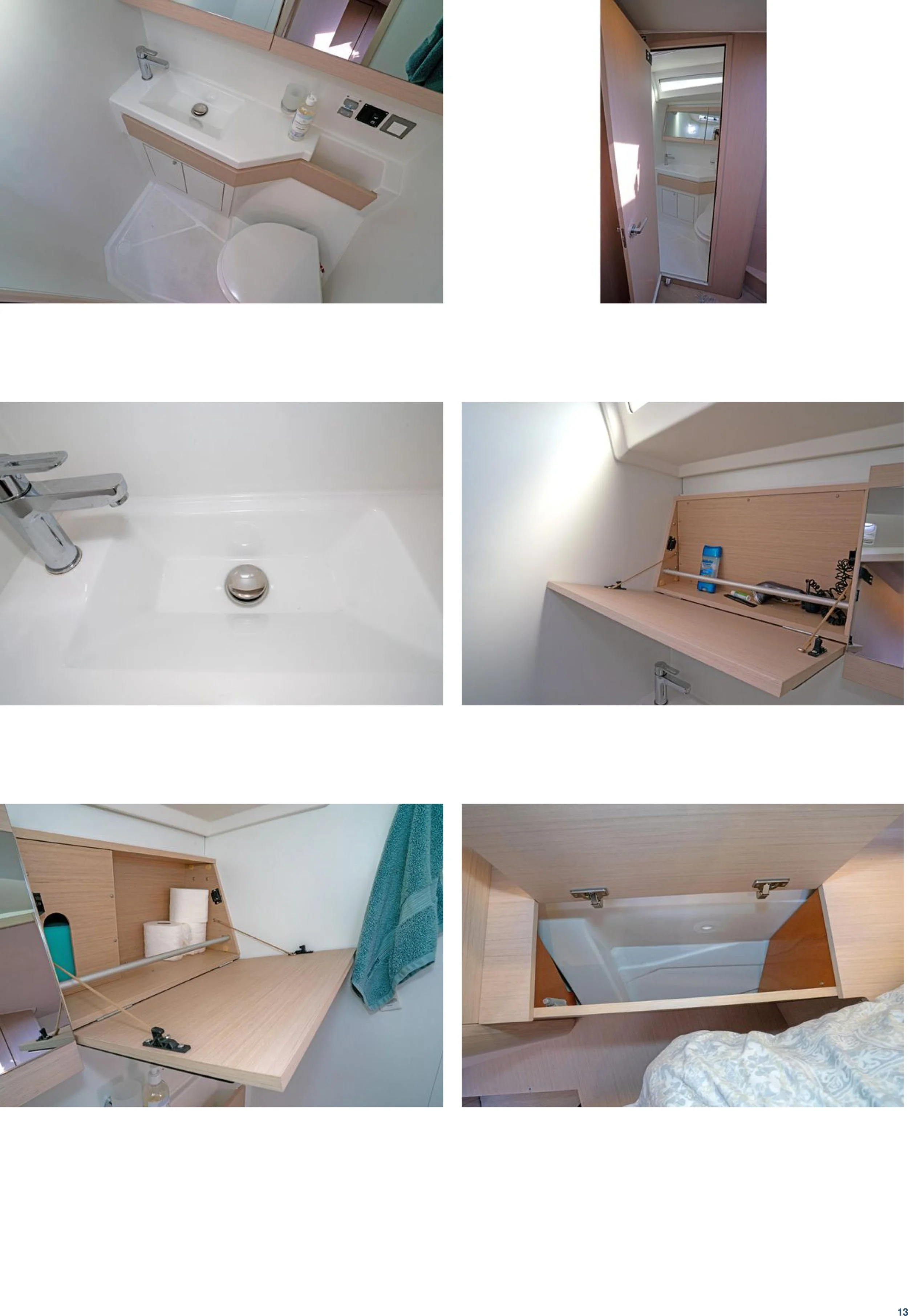 Collection of photos showing a small bathroom with a sink, mirror, toilet, and storage compartments, some with toiletries and cleaning supplies, with light wood finishes and a compact layout.