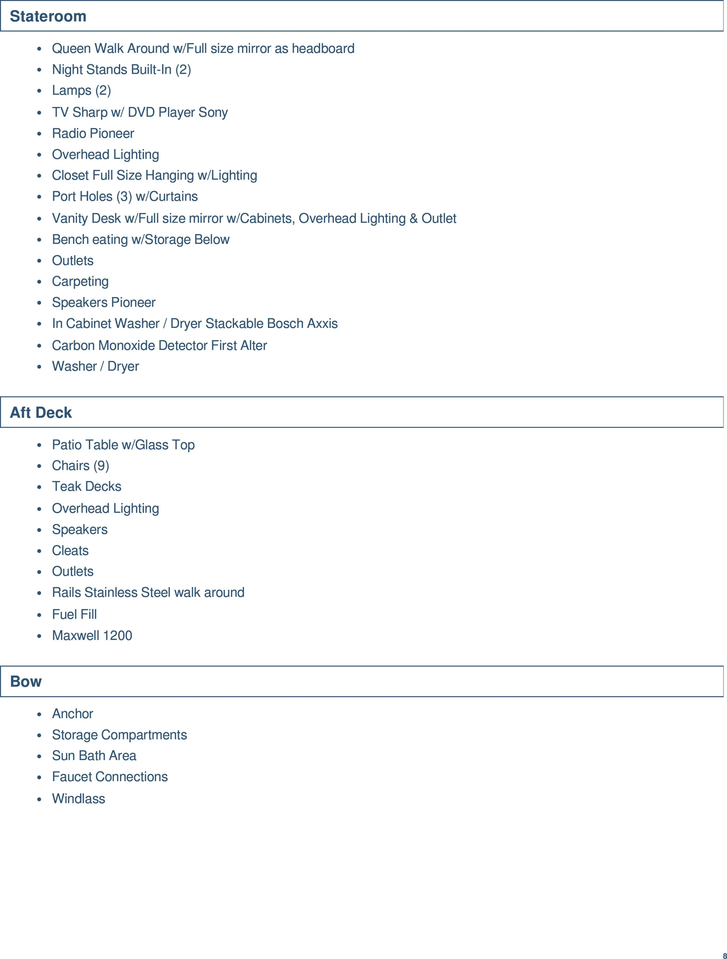 Text listing features and furnishings of a stateroom, aft deck, and bow areas of a boat or yacht.