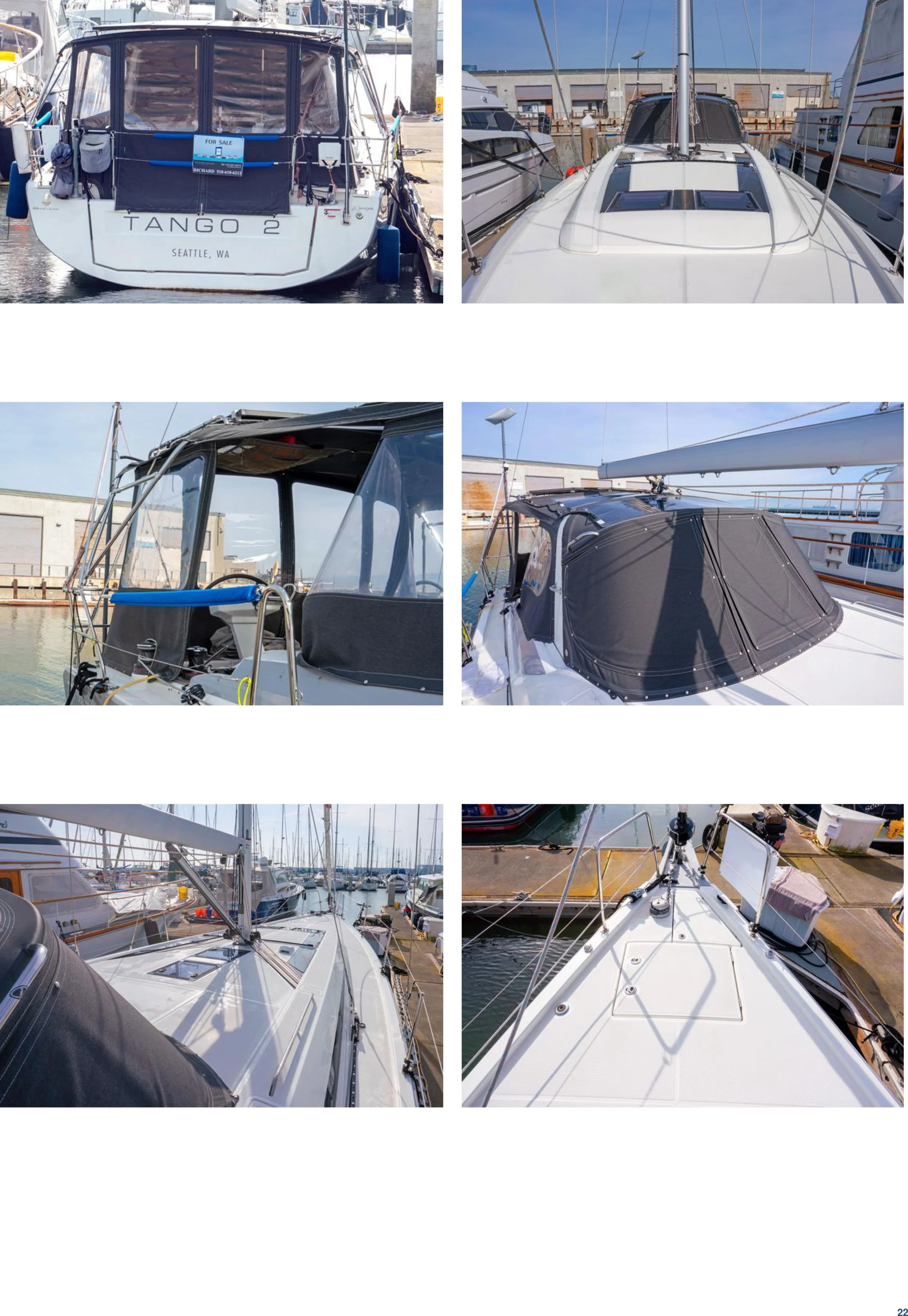 Series of six photos showing different angles of sailboats docked at a marina, including the deck, sails, cabins, and surrounding boats.