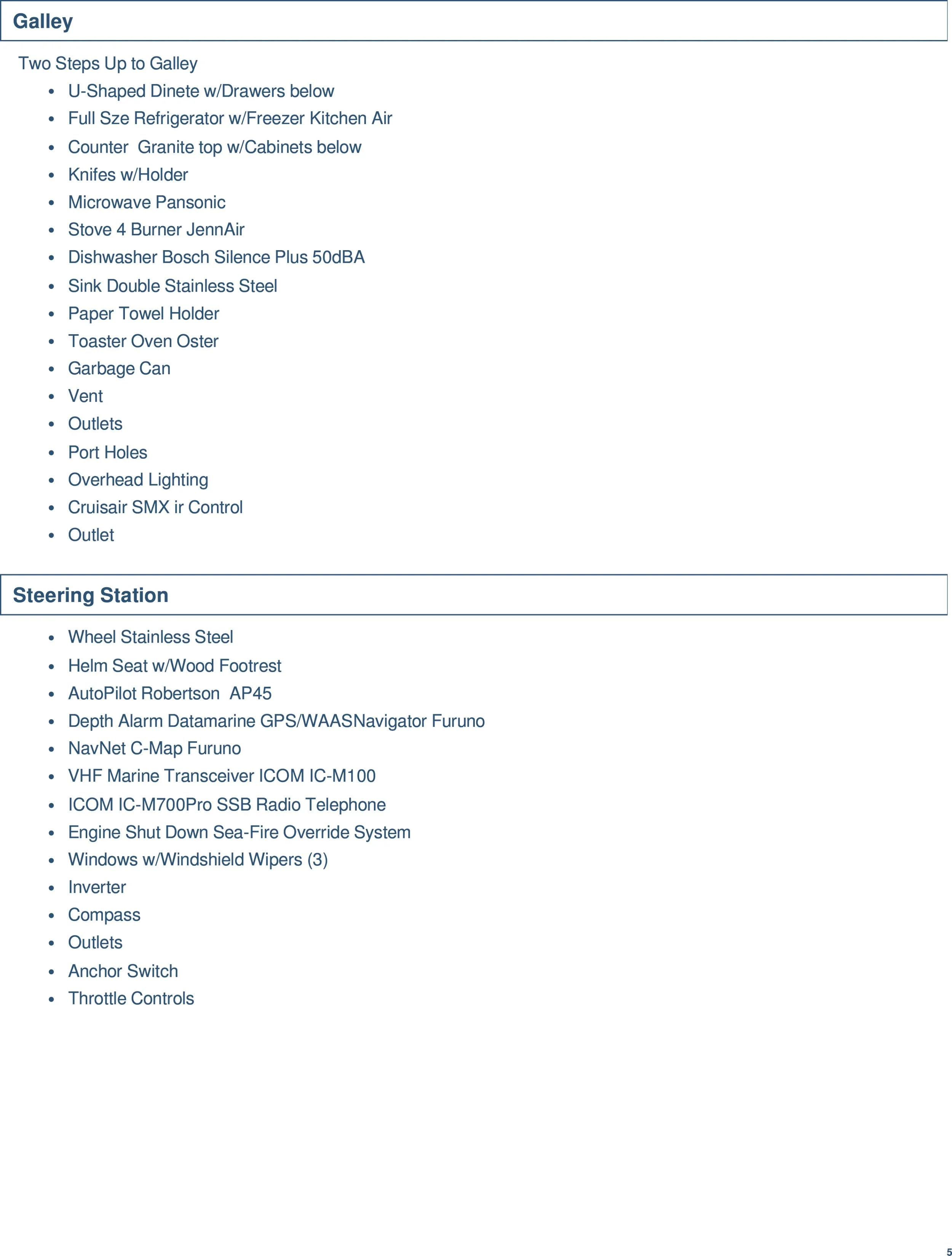 List of kitchen and marine equipment including appliances, cooking utensils, and navigation systems.