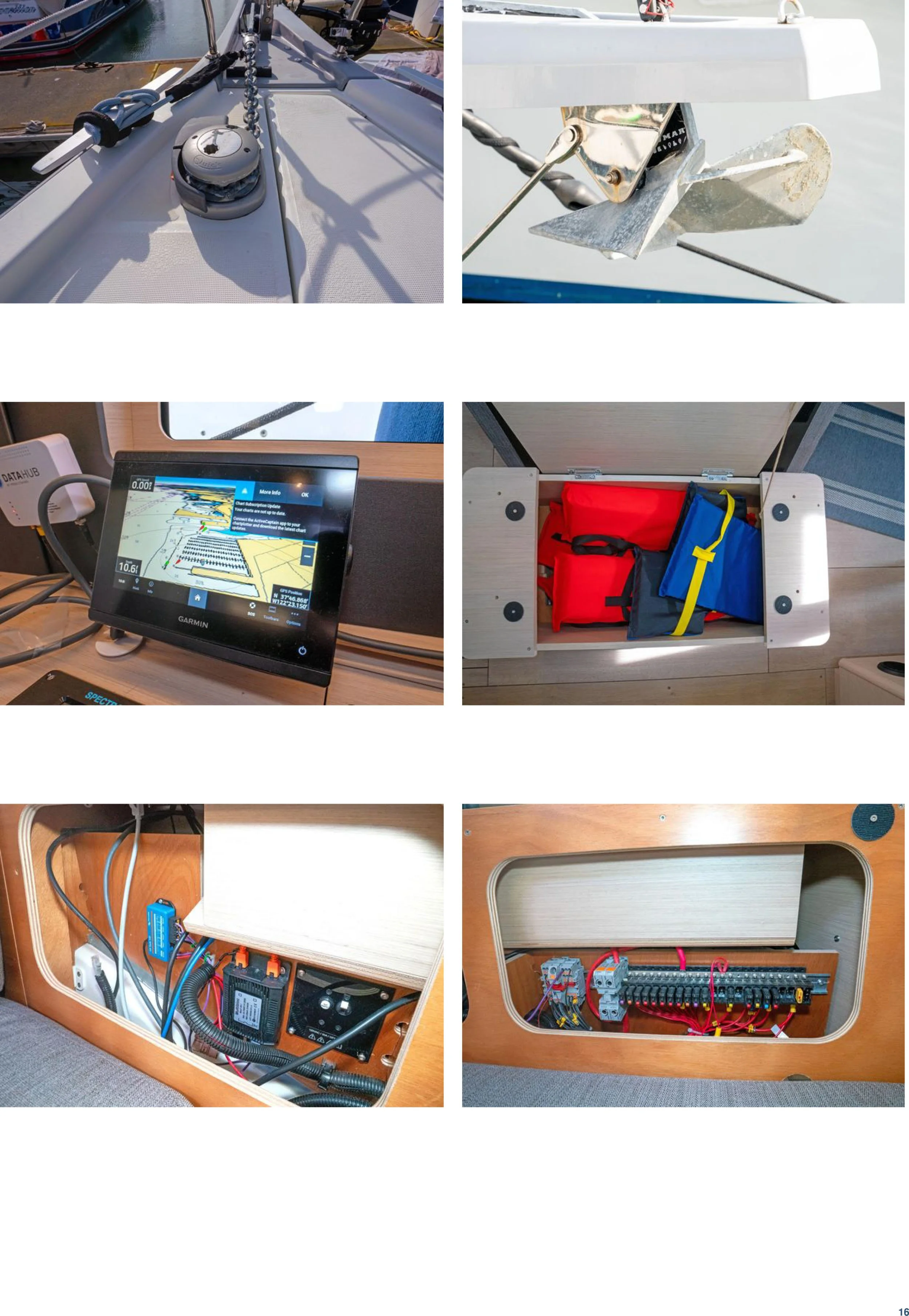 Six images showing boats' equipment, navigation electronics, emergency gear, and electrical systems.