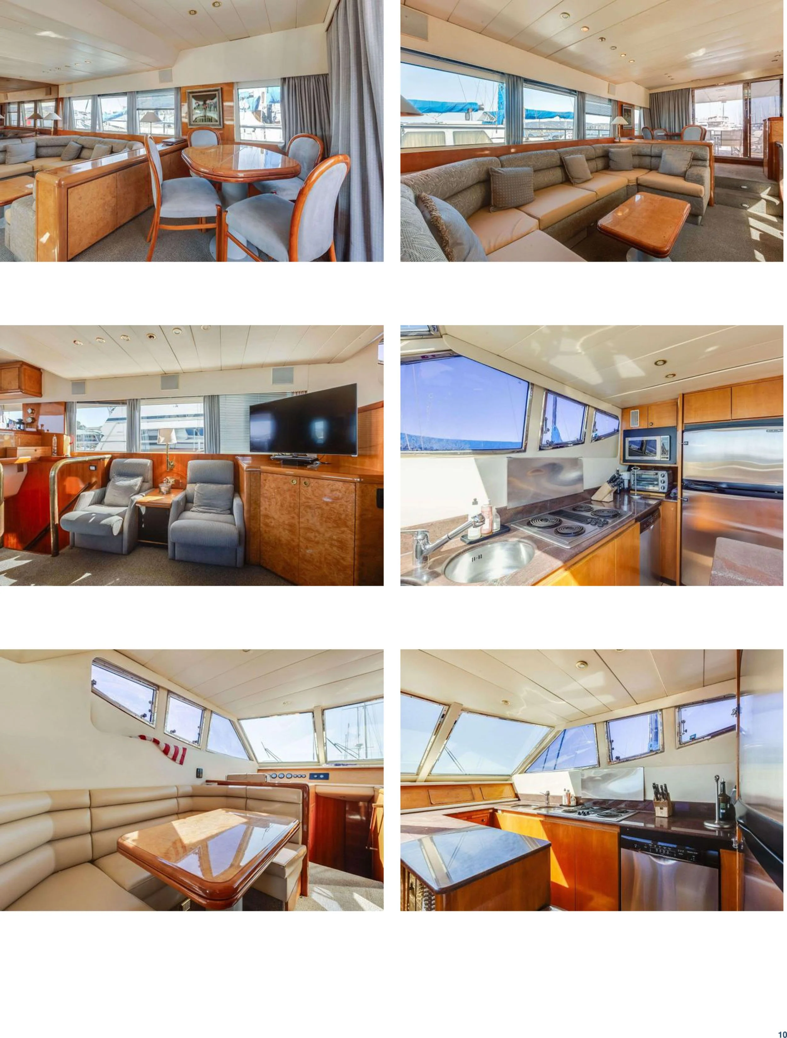 Interior view of a boat or yacht with multiple rooms featuring seating areas, a kitchen, and large windows showing an outdoor view.