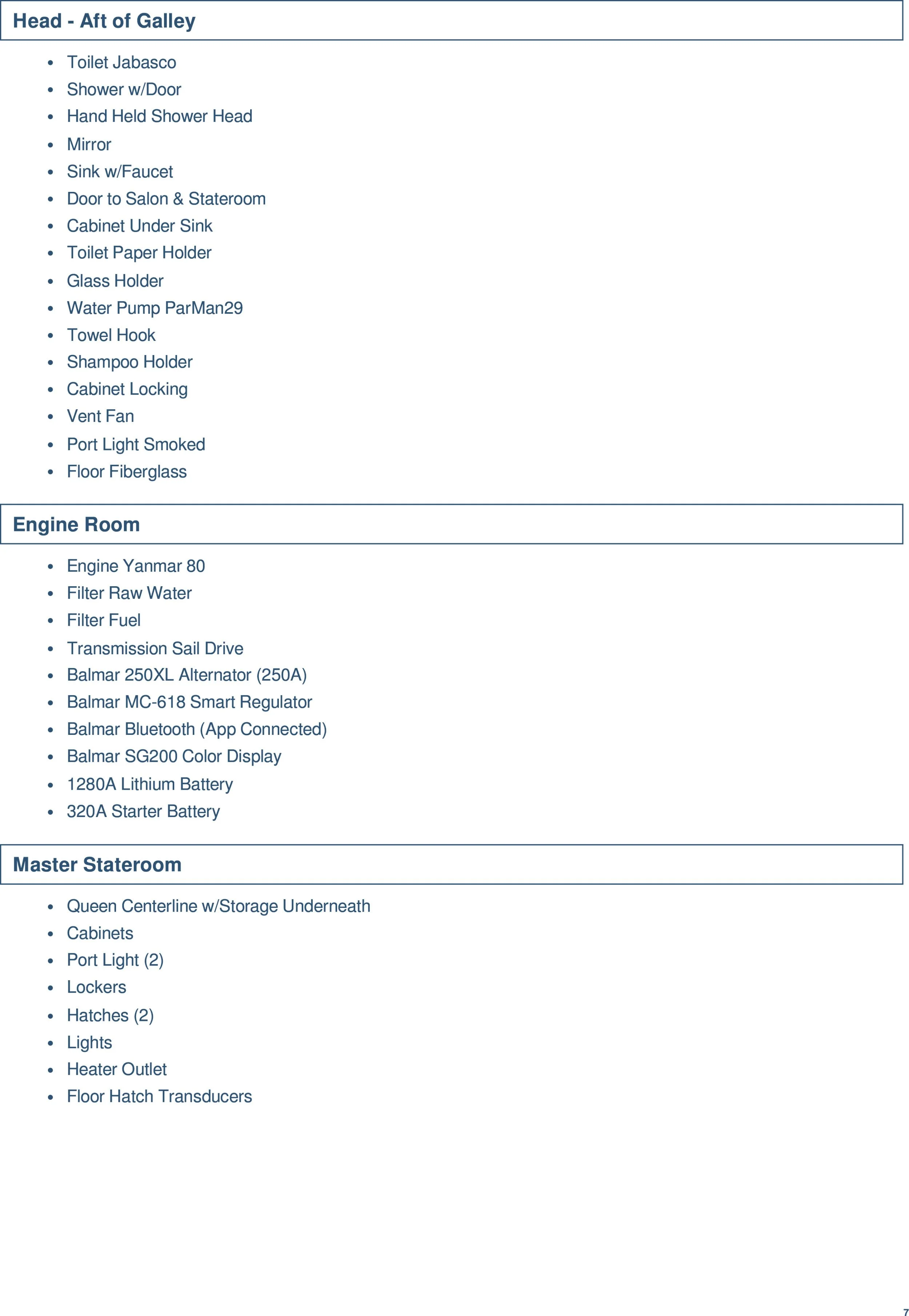 A list of items in a home or building including bathroom fixtures, appliances, and room features categorized into Head - Aft of Galley, Engine Room, and Master Starroom.
