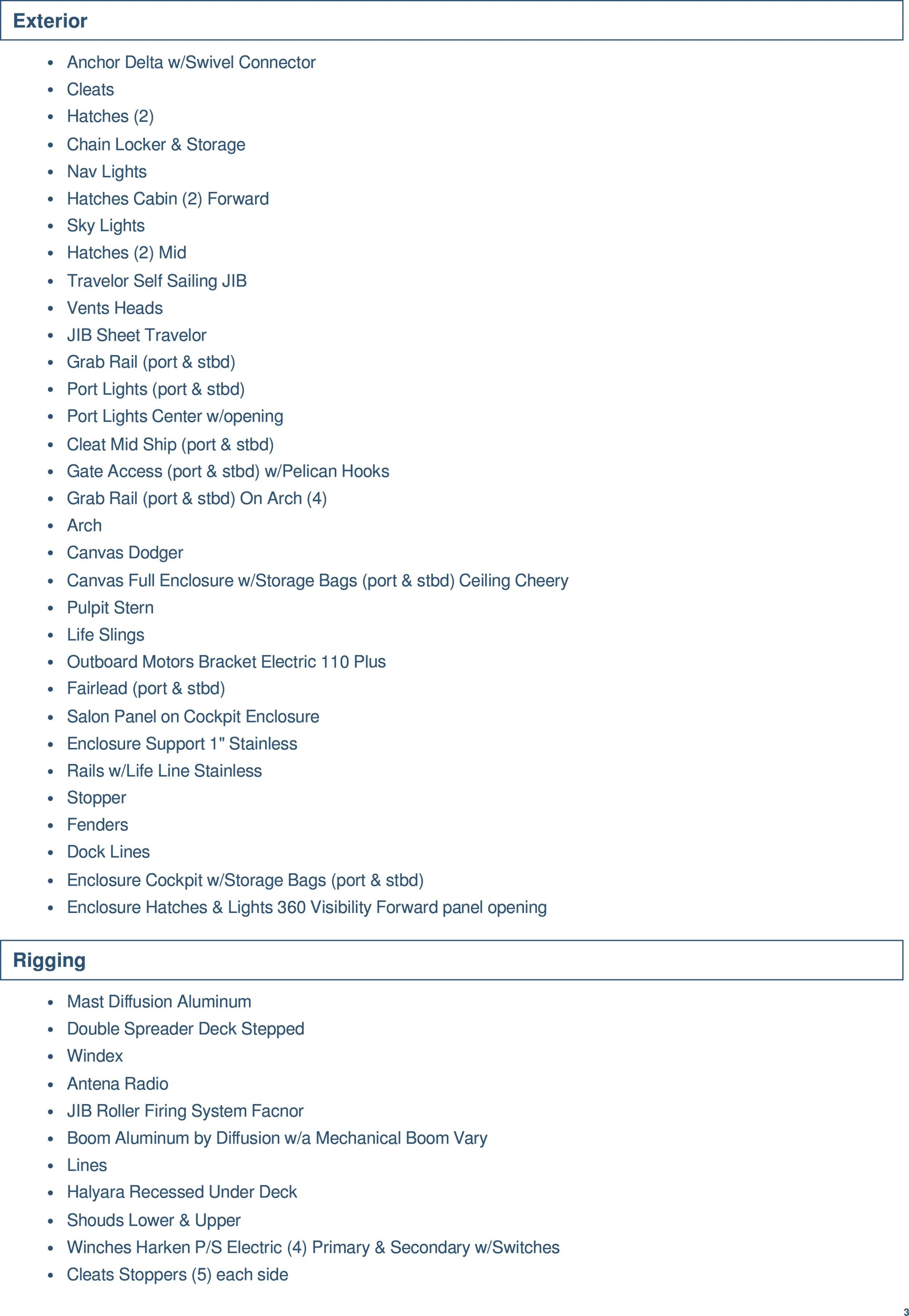 A detailed list of boat equipment, including exterior features such as anchor delta, cleats, hatches, nav lights, trim, cabin, and deck accessories, as well as rigging components like aluminum mast, spreader deck, and electronic systems.