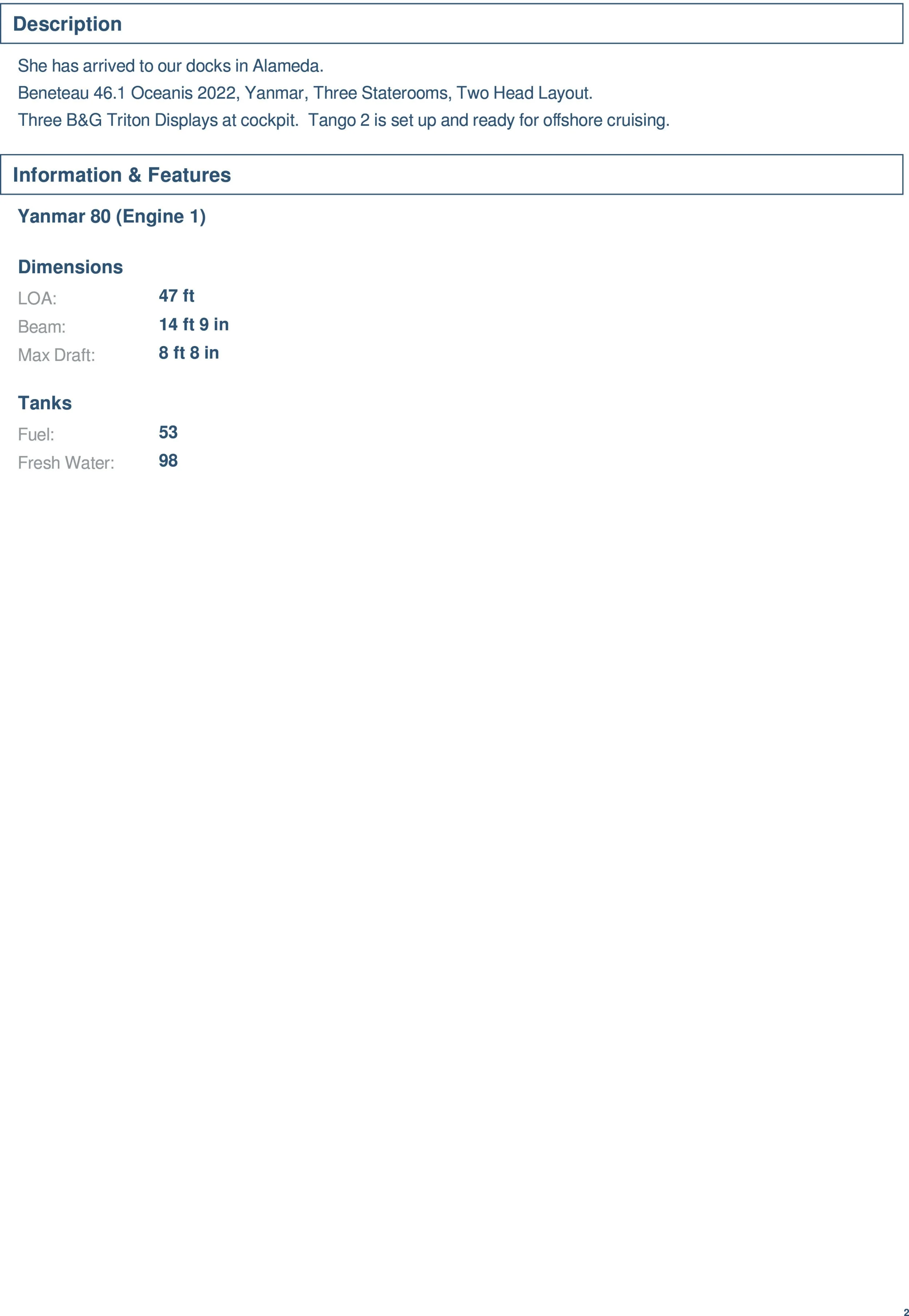 Text document showing details about a cruise ship arriving at Alameda, including specifications such as yard and layout, engine details, dimensions, and tank capacities.