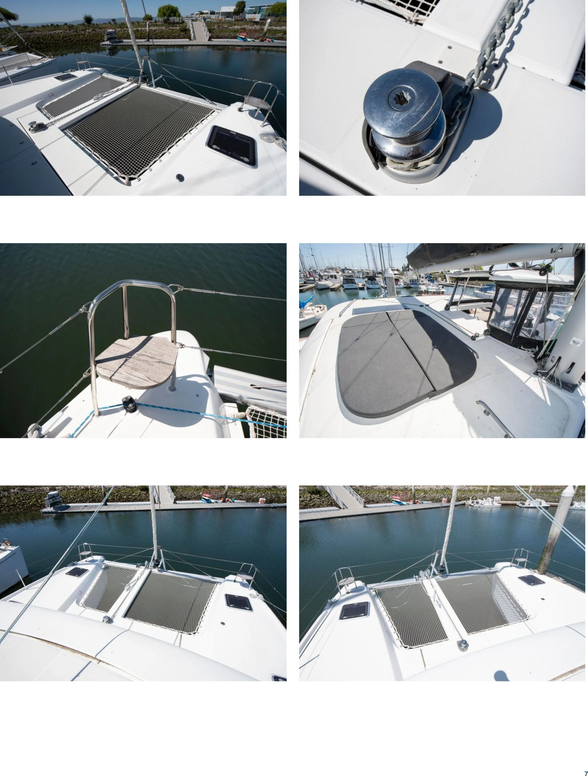 Six images of a white sailboat docked at a marina, showing details of the deck, pulley, railing, hatch, and surrounding boats.