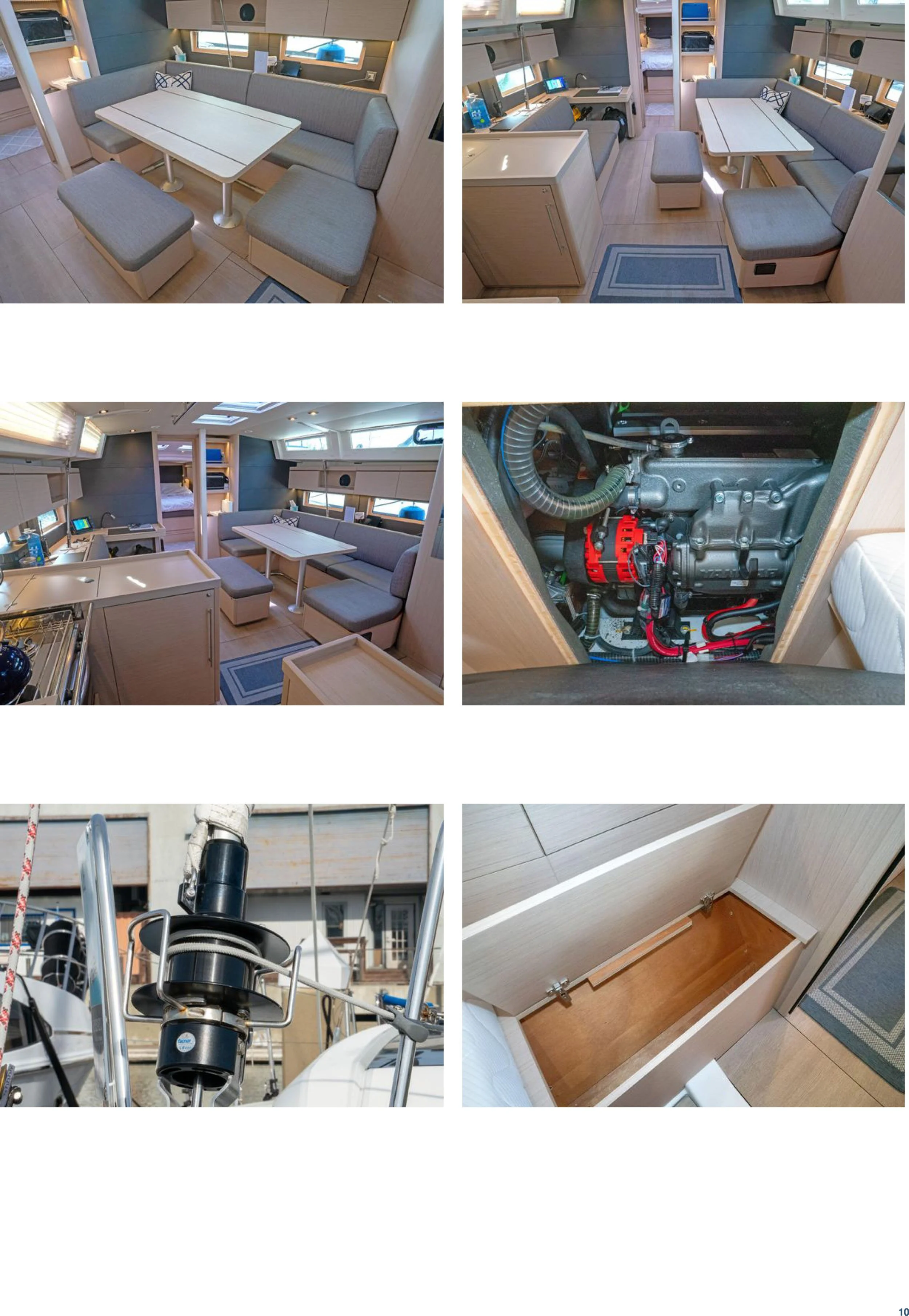 Interior of a small boat with a dining area, kitchen, engine compartment, and storage compartments.